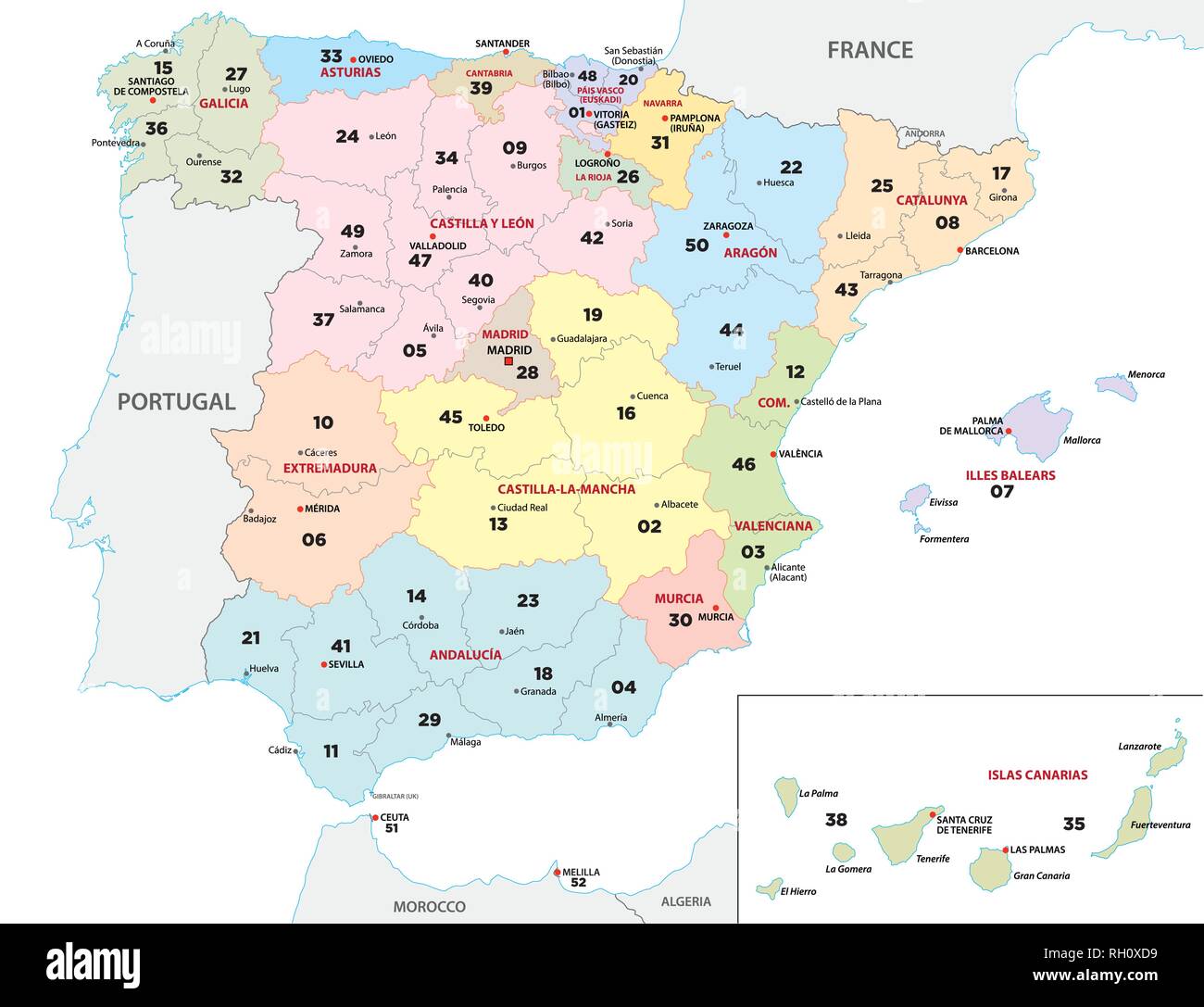 Una Spagna Mappa provincia con 2 cifre e codici di avviamento postale Illustrazione Vettoriale