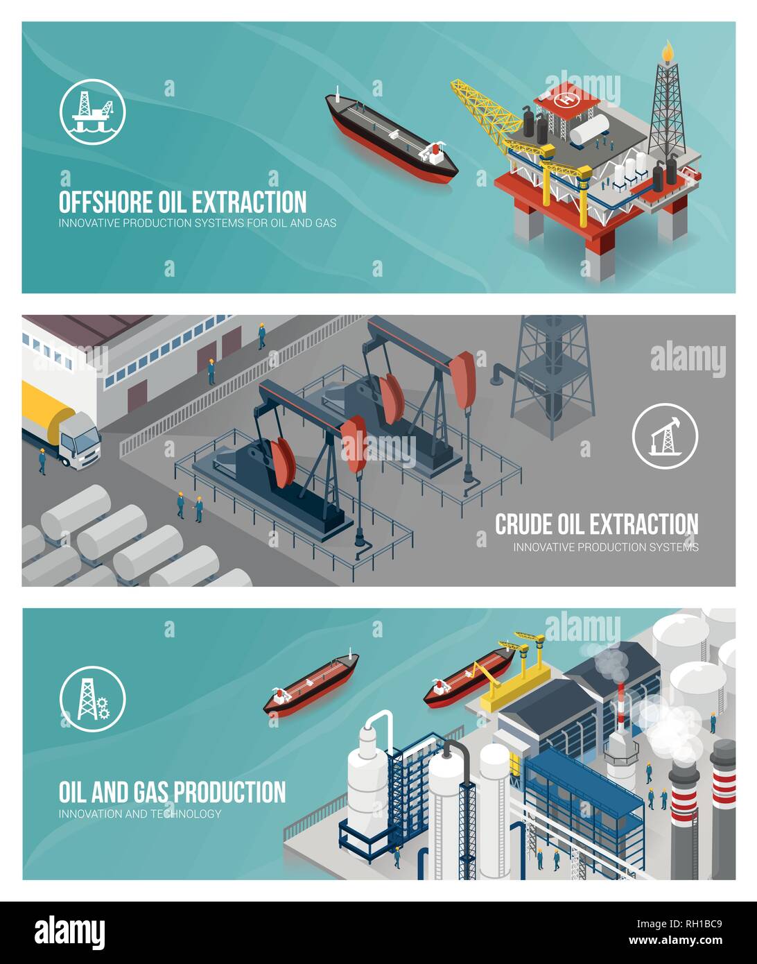 Industria petrolifera e del gas banners set: pozzi petroliferi, piattaforma offshore e raffineria con persone che lavorano Illustrazione Vettoriale