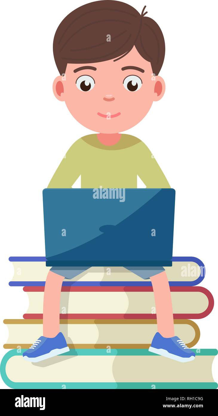 Il ragazzo si siede sul libro e opere impegnate in un computer portatile Illustrazione Vettoriale