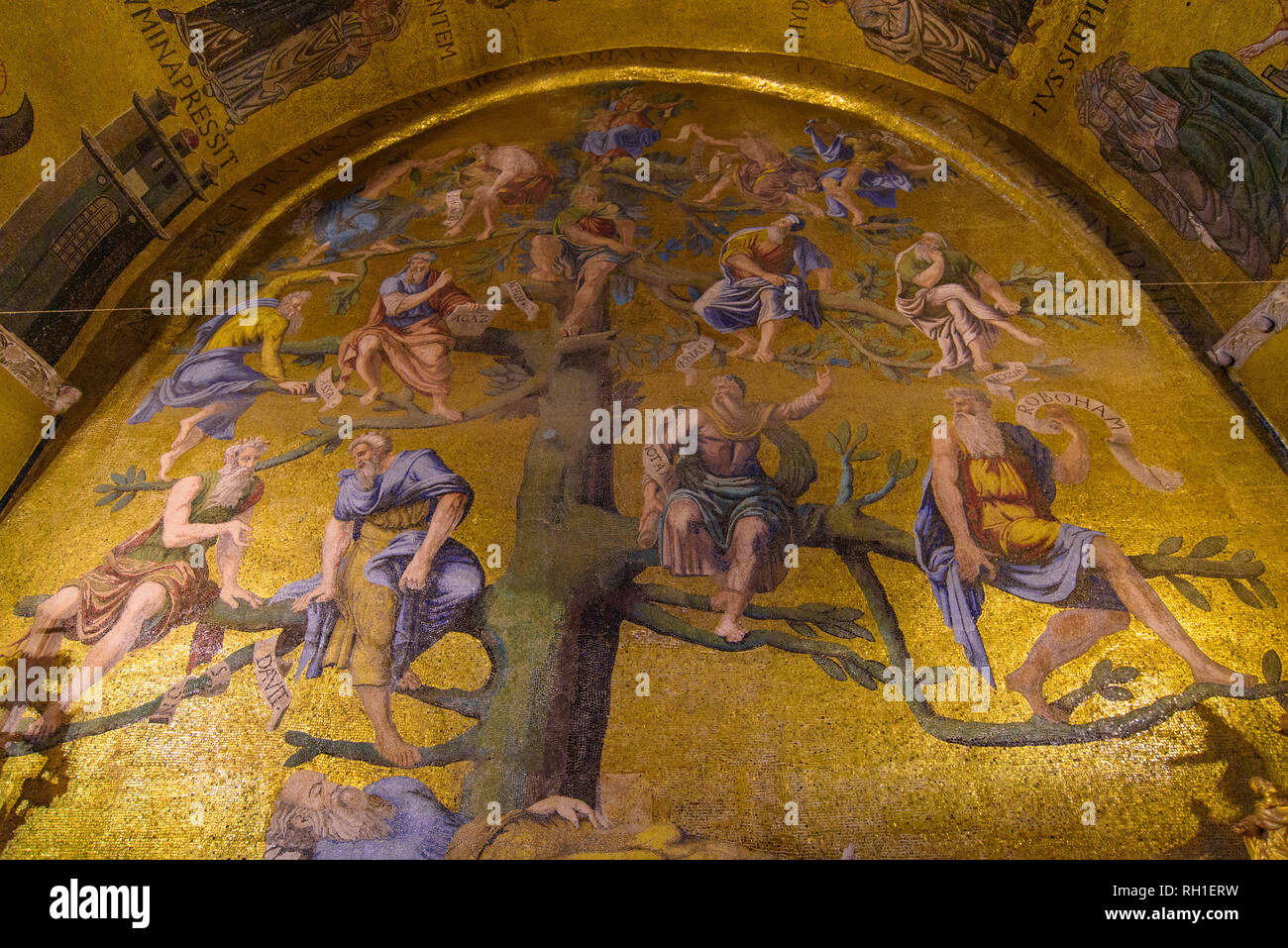 La decorazione a mosaico arte dell'interno del la Basilica di San Marco, la chiesa cattedrale di Venezia, Italia Foto Stock