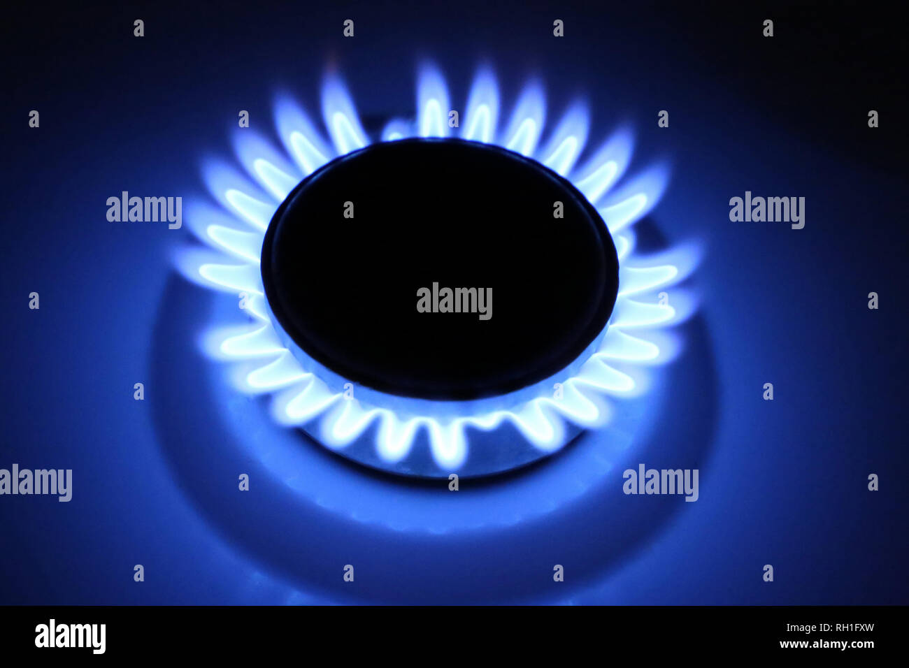 La masterizzazione di gas sulla stufa bruciatore. Fiamma blu nelle tenebre, gas per uso domestico Foto Stock
