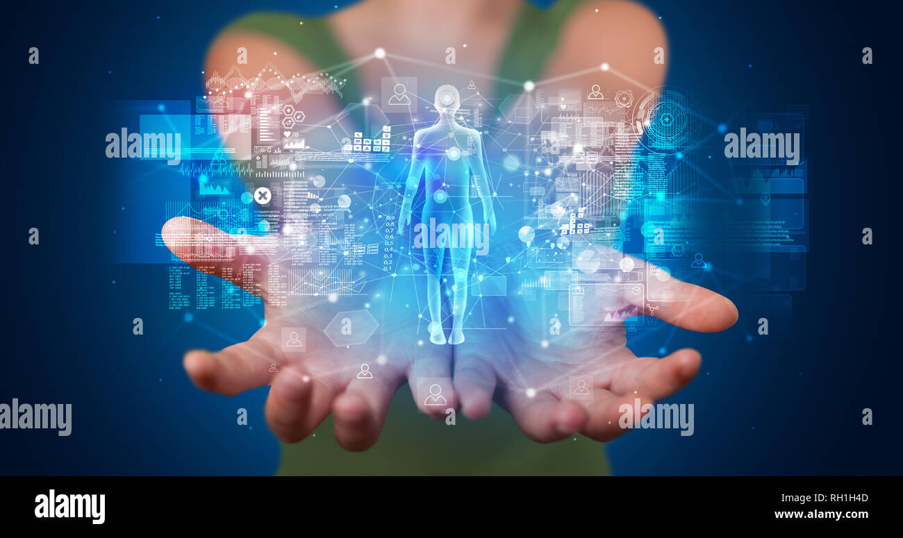 Giovane Azienda proiezione ologramma visualizzazione di salute relativi grafici e simboli Foto Stock