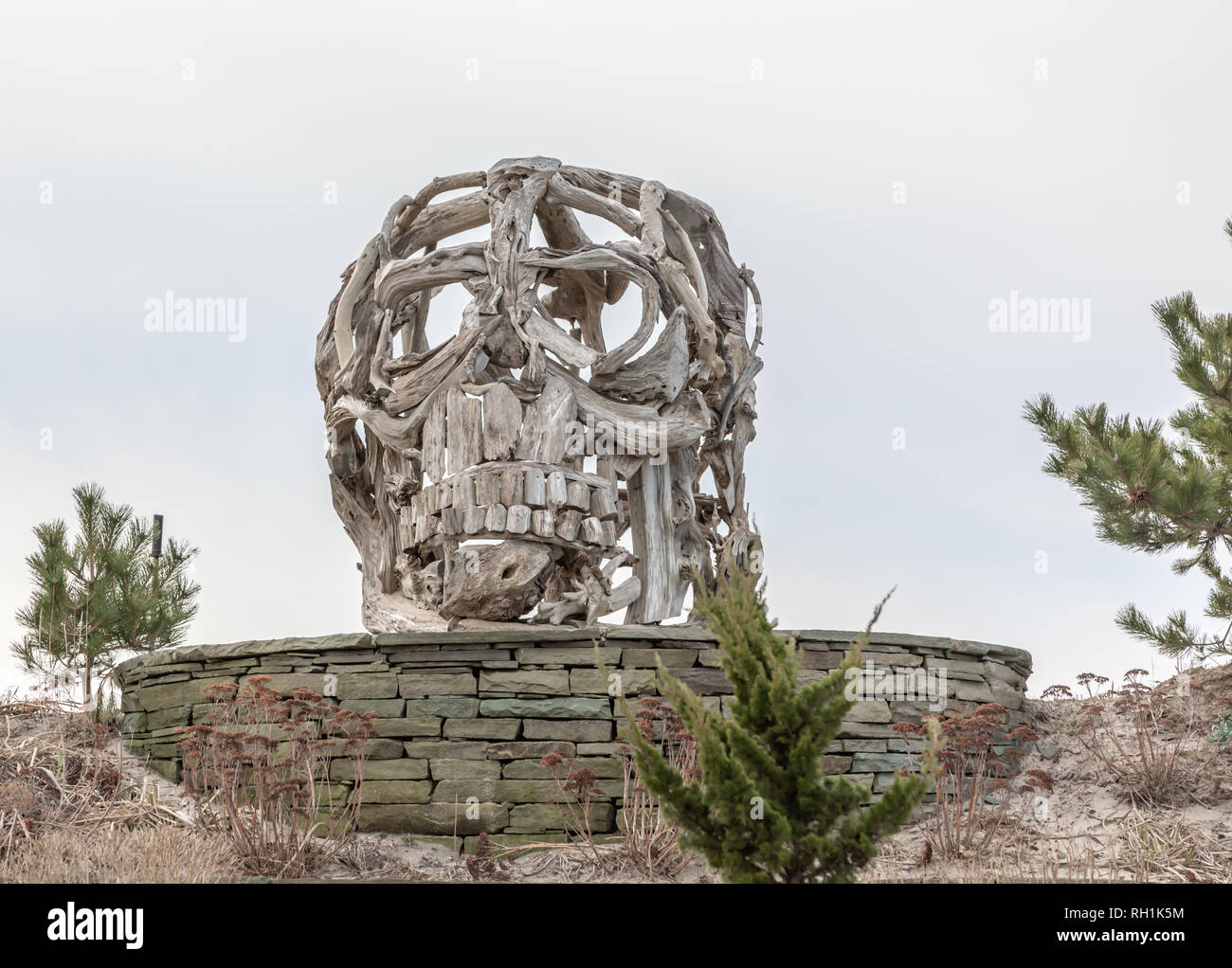 Grandi sculture all'aperto di un cranio di scimmia di legno Foto Stock