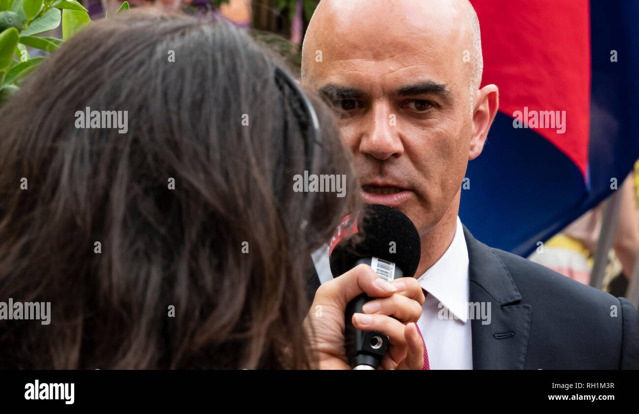 Il presidente svizzero Alain Berset in Film Festival Locarno il 1 agosto 2018 il giorno della festa nazionale svizzera in Ticino, Svizzera. Foto Stock