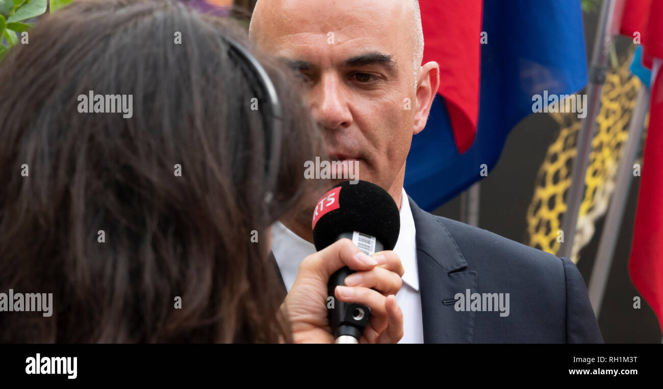 Il presidente svizzero Alain Berset in Film Festival Locarno il 1 agosto 2018 il giorno della festa nazionale svizzera in Ticino, Svizzera. Foto Stock