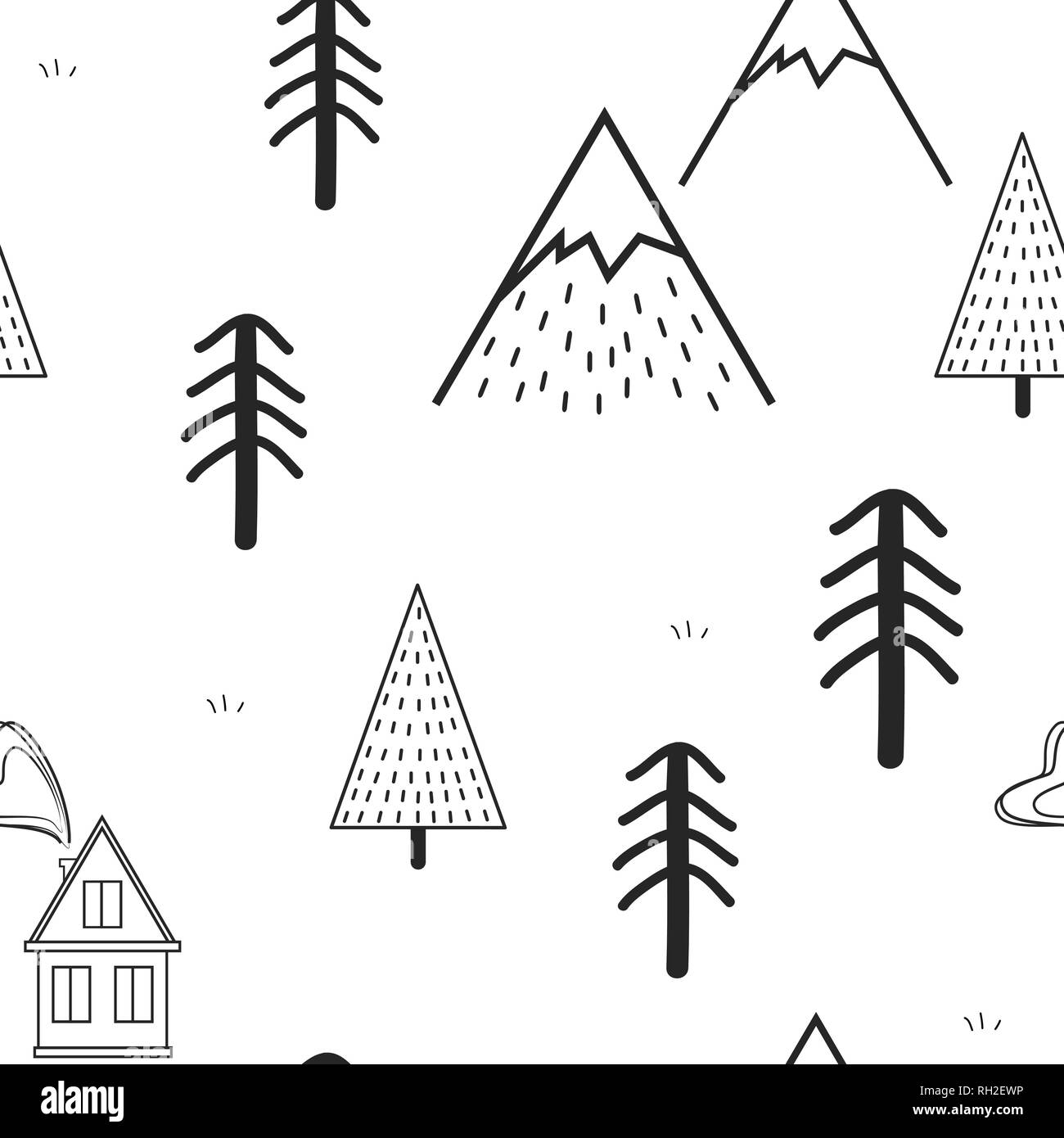 Carino disegnato a mano modello senza cuciture con alberi, casa e montagne. Creative bosco scandinavi sfondo. Foresta. Illustrazione Vettoriale. Illustrazione Vettoriale