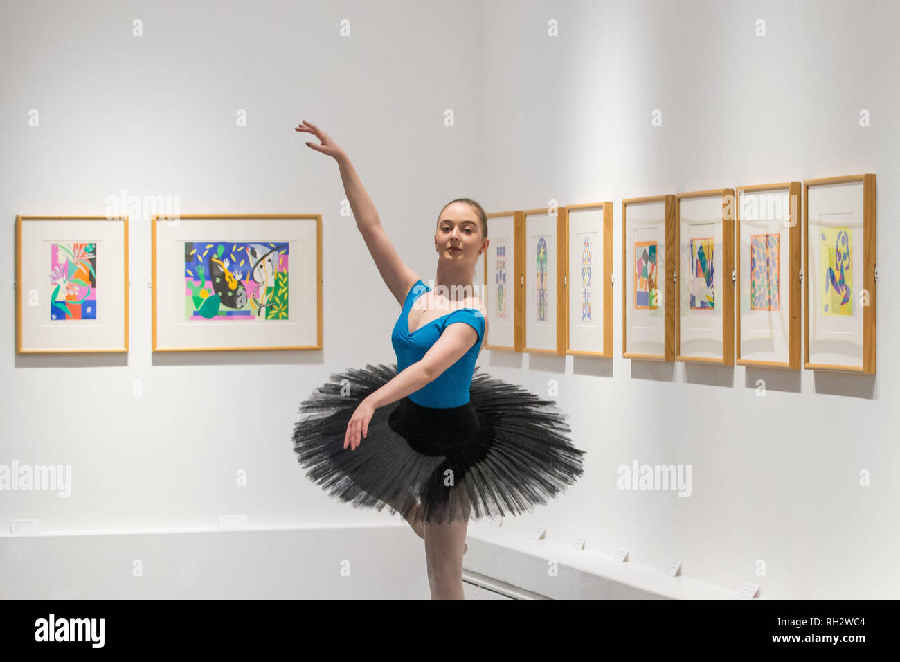 Aimee Casey dall'Elmhurst Ballet School di fronte riproduzioni litografiche da Matisse prodotta durante gli ultimi anni della sua vita e la stessa tecnica ha usato mentre si lavora su Diaghilev's Ballet Russes sul display del disegno con le forbici mostra al Worcester City Galleria d'Arte e musei. Foto Stock