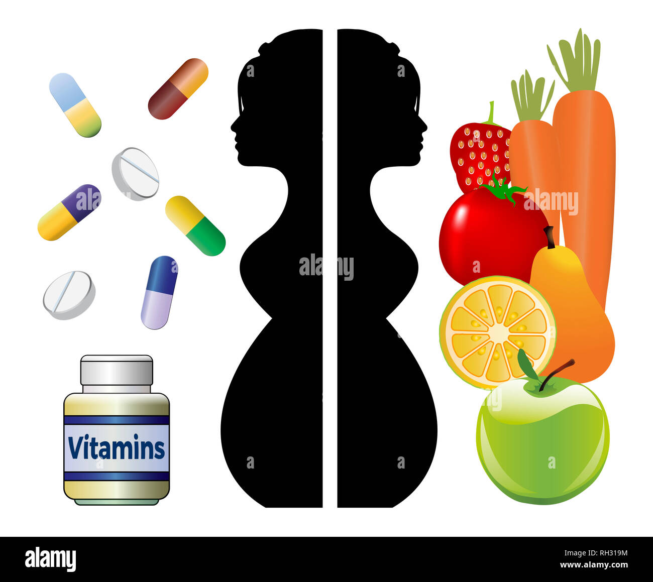 Dieta sana come frutta e verdura e vitamine extra per un numero sufficiente di nutrienti giornalieri Foto Stock