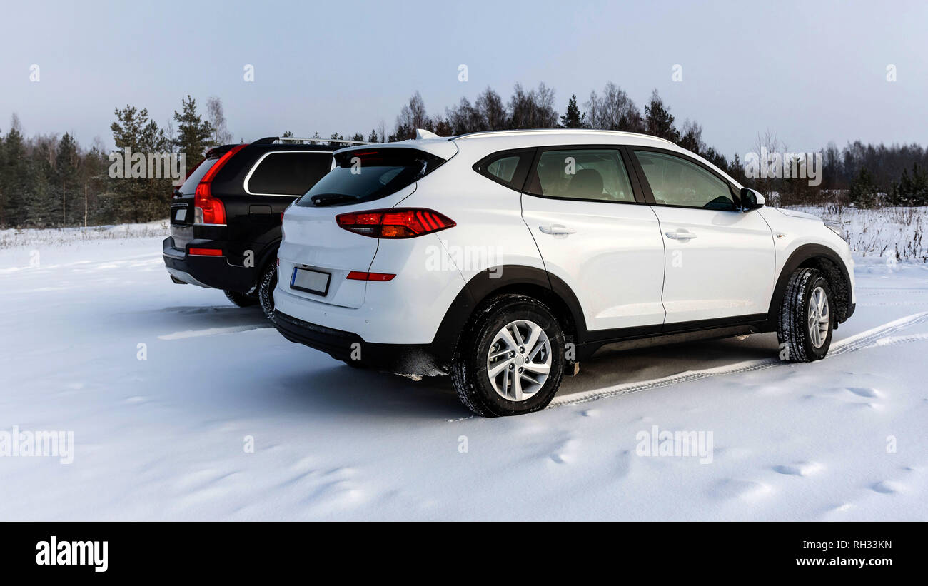 Il bianco e il nero di un suv auto parcheggiate in un campo nevoso. Foto Stock