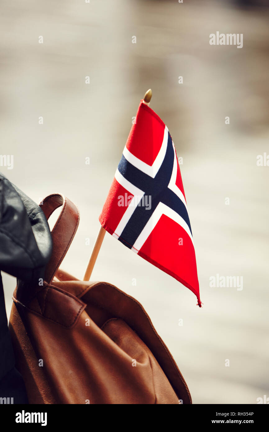 Bandiera norvegese su zaino Foto Stock