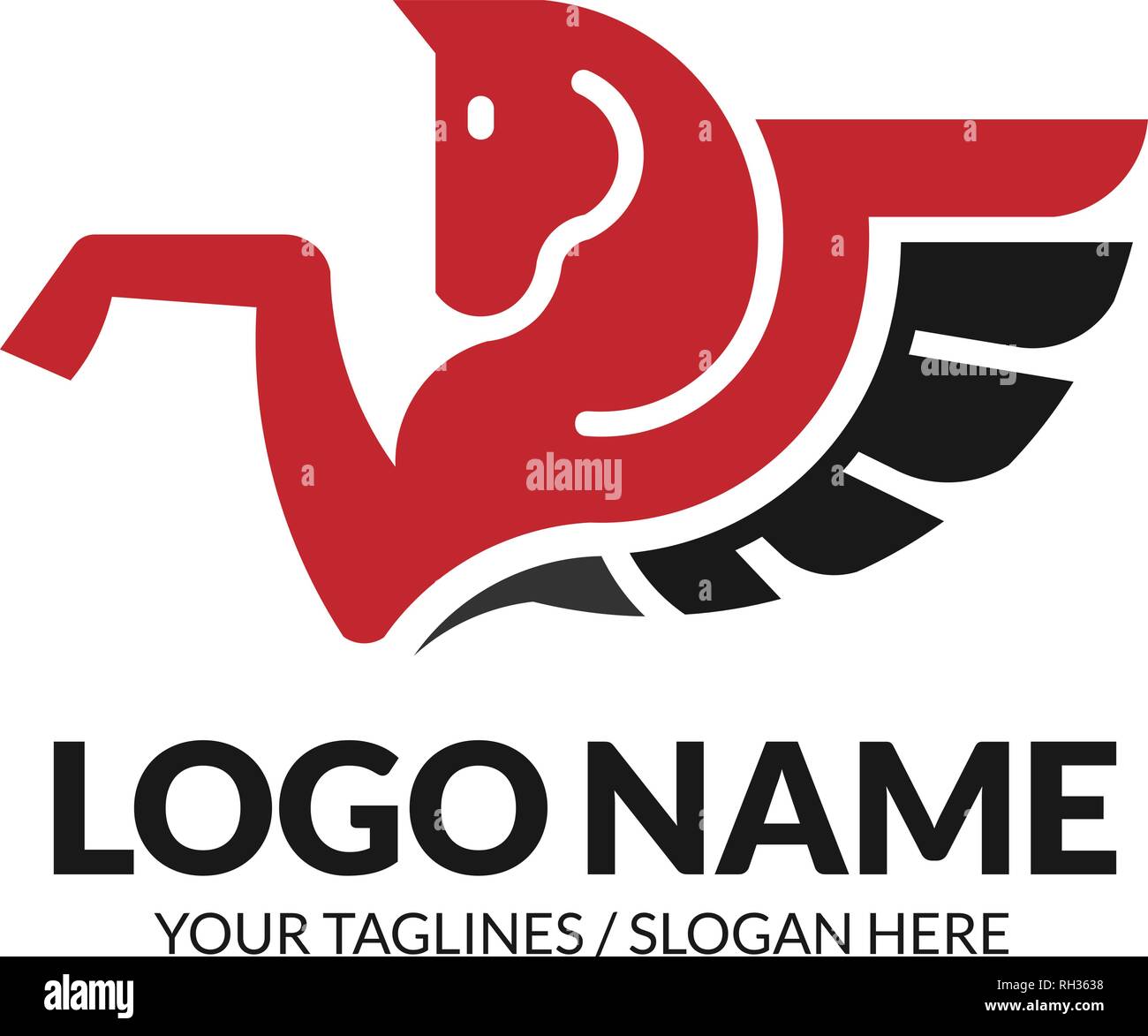 Winged logo Pegasus illustrazione vettoriale. Stilizzata Pegasus mitica creatura silhouette, cavallo alato vettore logo Illustrazione Vettoriale