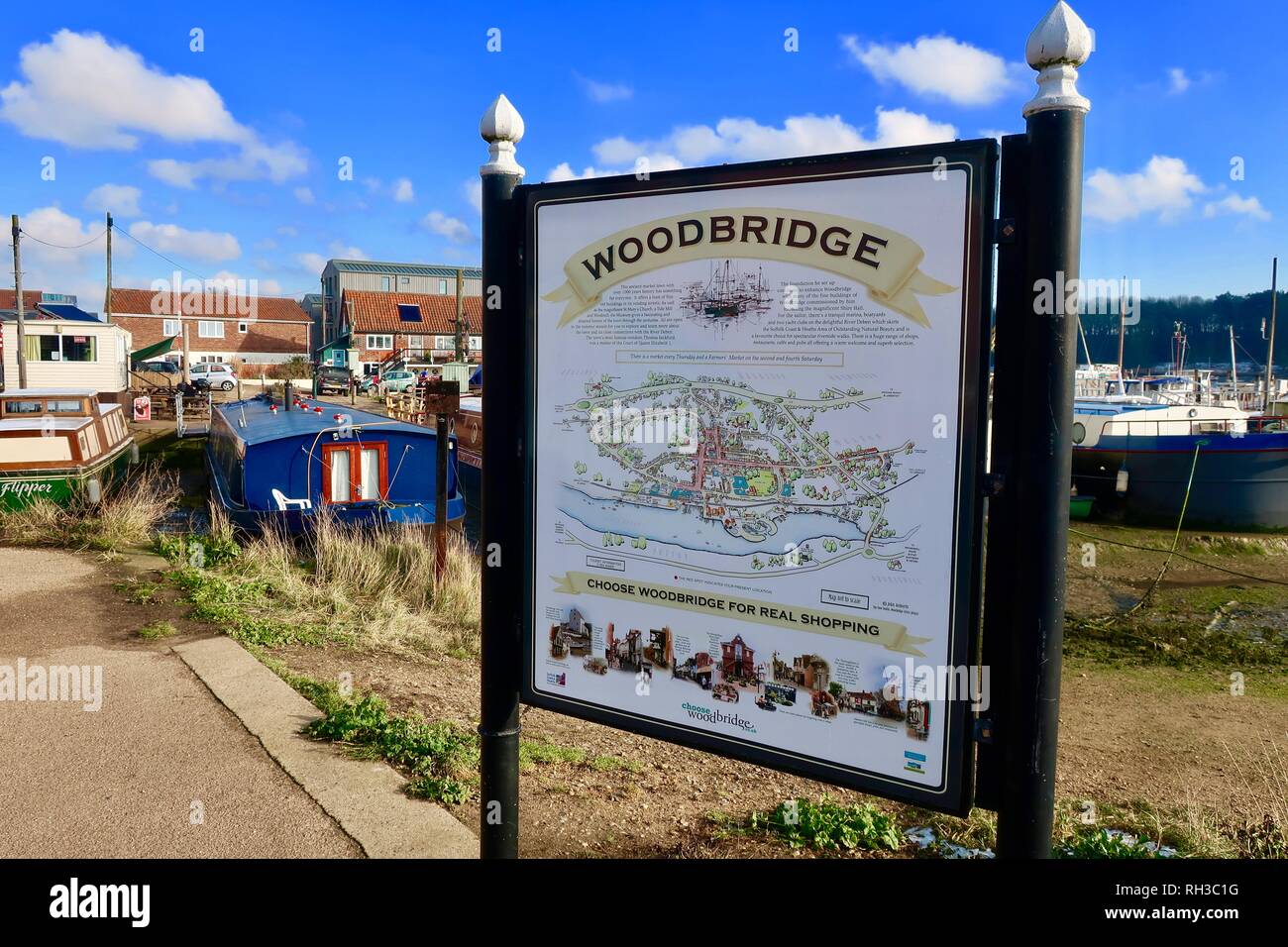 Una guida a Woodbridge città. Woodbridge, Suffolk, Regno Unito, Gennaio 2019. Foto Stock