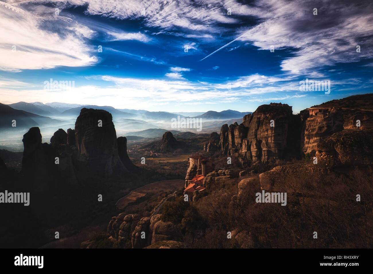 Tramonto a Meteora, Grecia Foto Stock