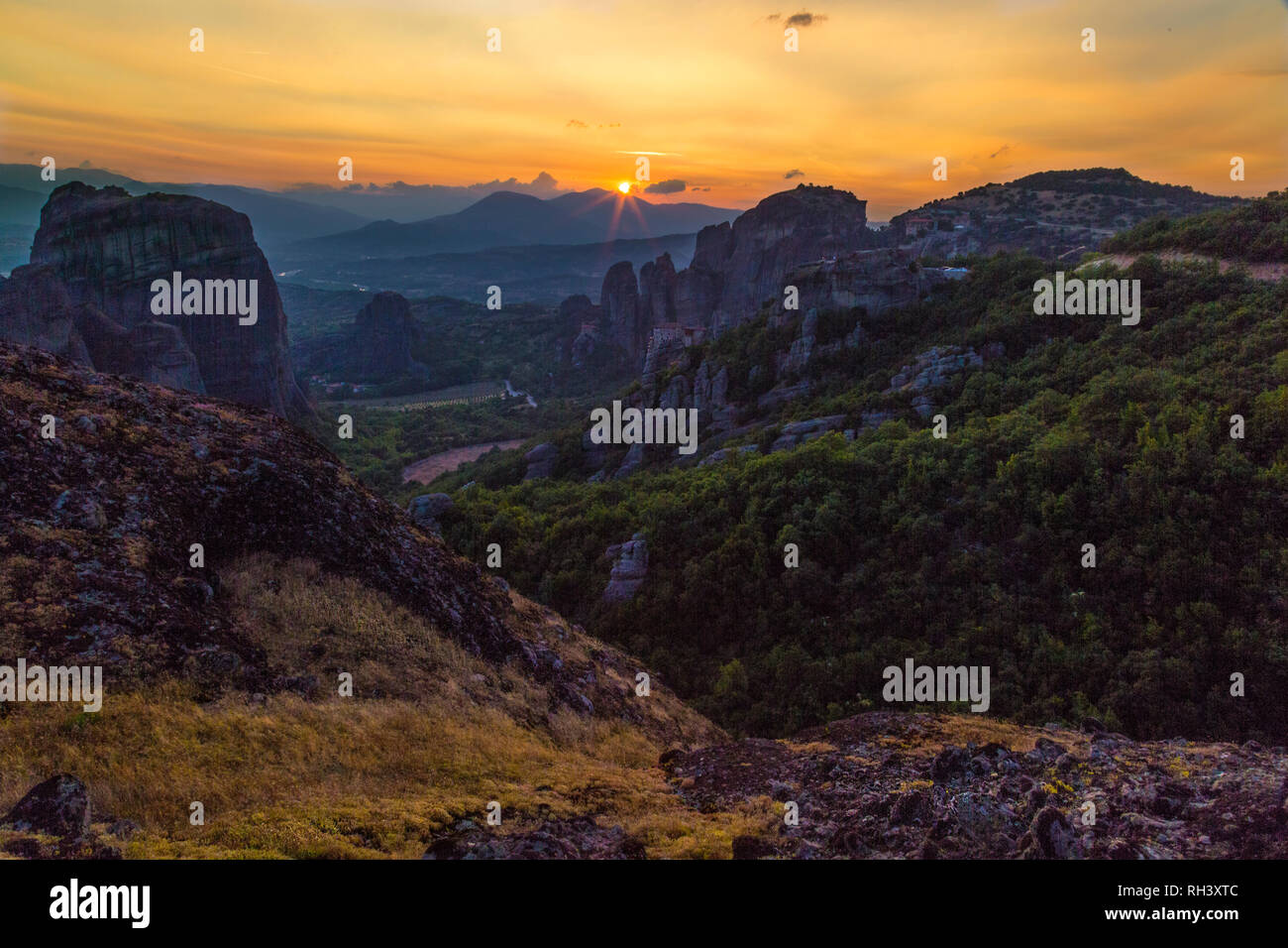 Tramonto a Meteora, Grecia Foto Stock