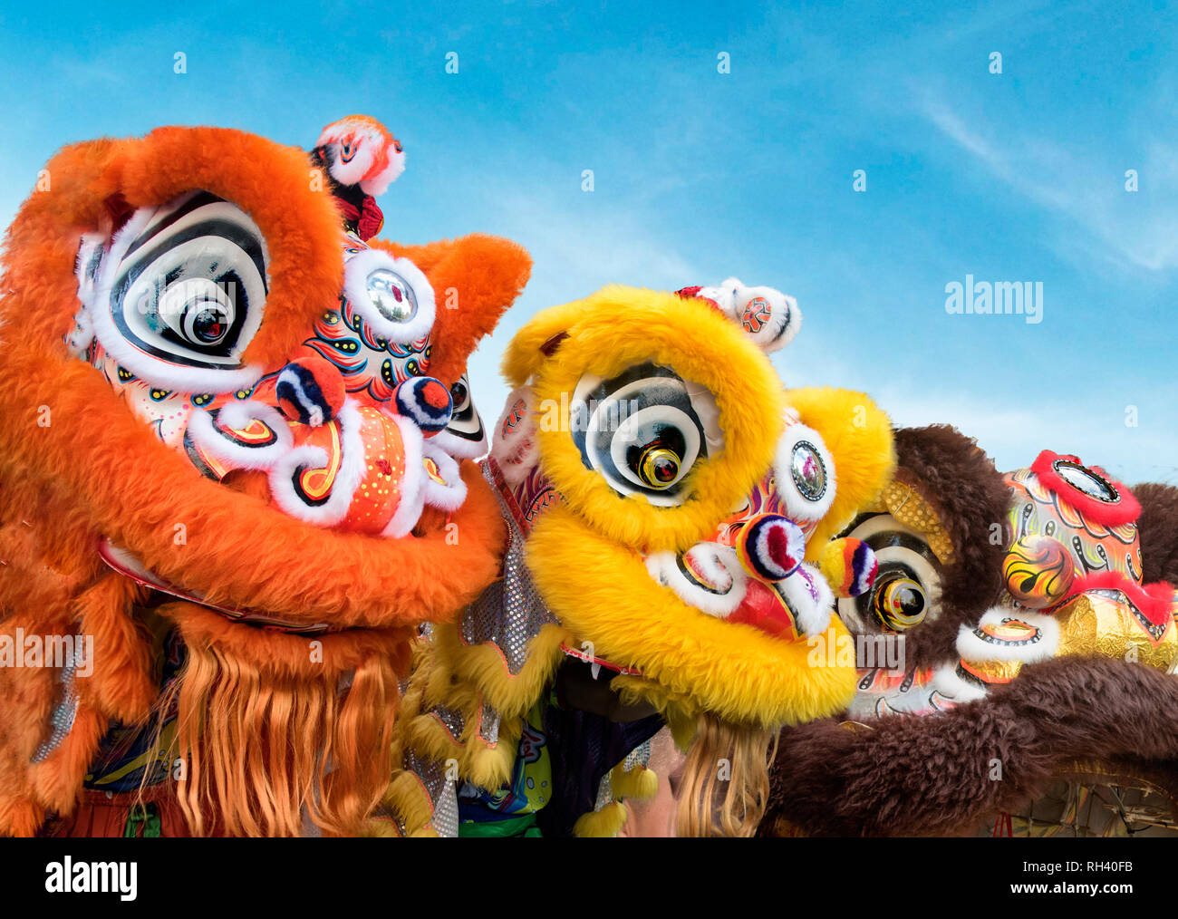 Gruppo di cinesi Leone danza costumi close up Foto Stock