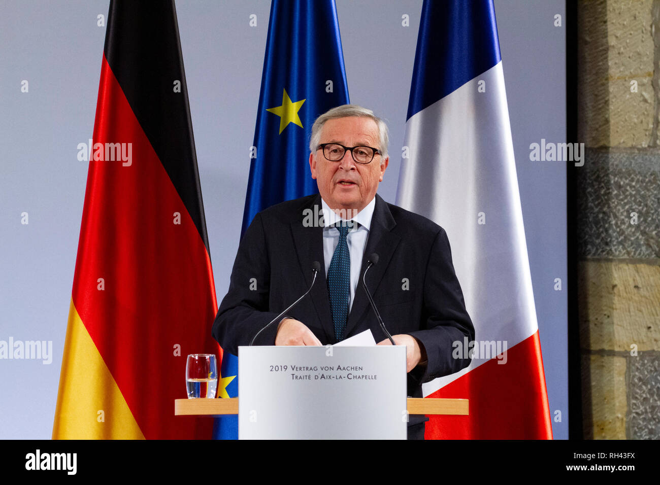 Jean Claude Juncker bei der Erneuerung des deutsch-französischen Freundschaftsvertrages im Rathaus. Aachen, 22.01.2019 Foto Stock