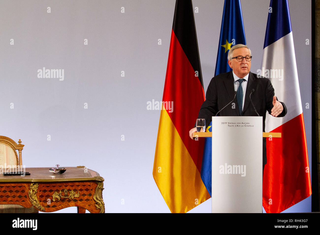 Jean Claude Juncker bei der Erneuerung des deutsch-französischen Freundschaftsvertrages im Rathaus. Aachen, 22.01.2019 Foto Stock