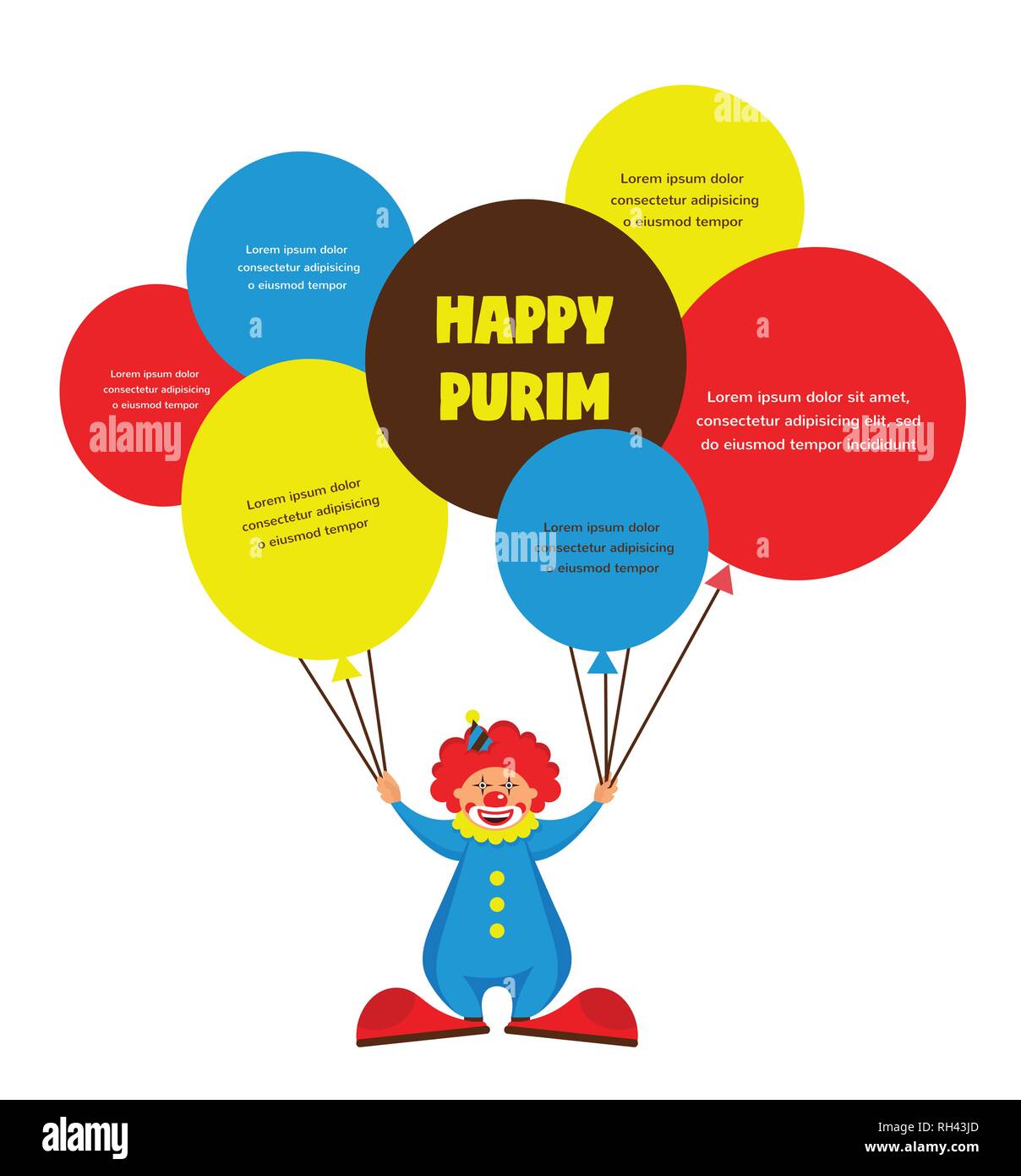 Felice festa di Purim, festa ebraica. illustrazione vettoriale di una felice clown. Modello di poster Illustrazione Vettoriale