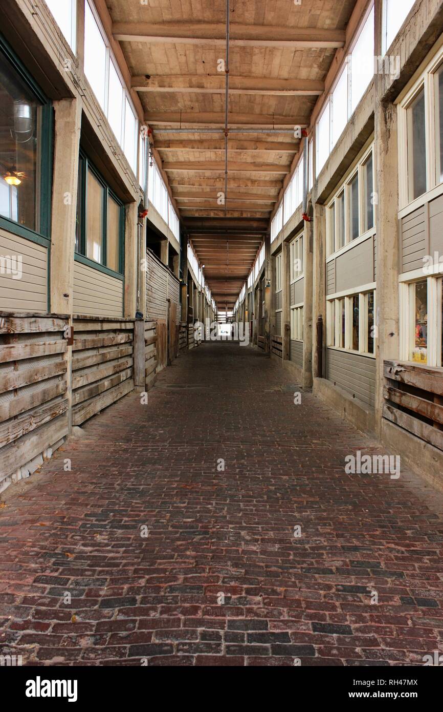Rustico lunga passerella in legno girato con la prospettiva e delle linee guida Foto Stock