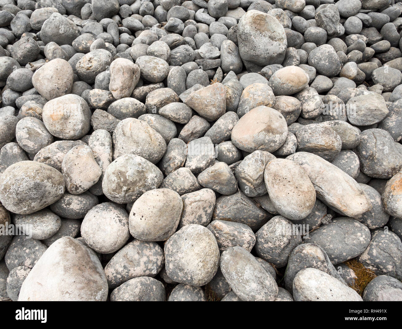 Spiaggia di pietre: pietre grigie di varie dimensioni costituiscono una spiaggia su un piccolo lago all interno del parco. Foto Stock