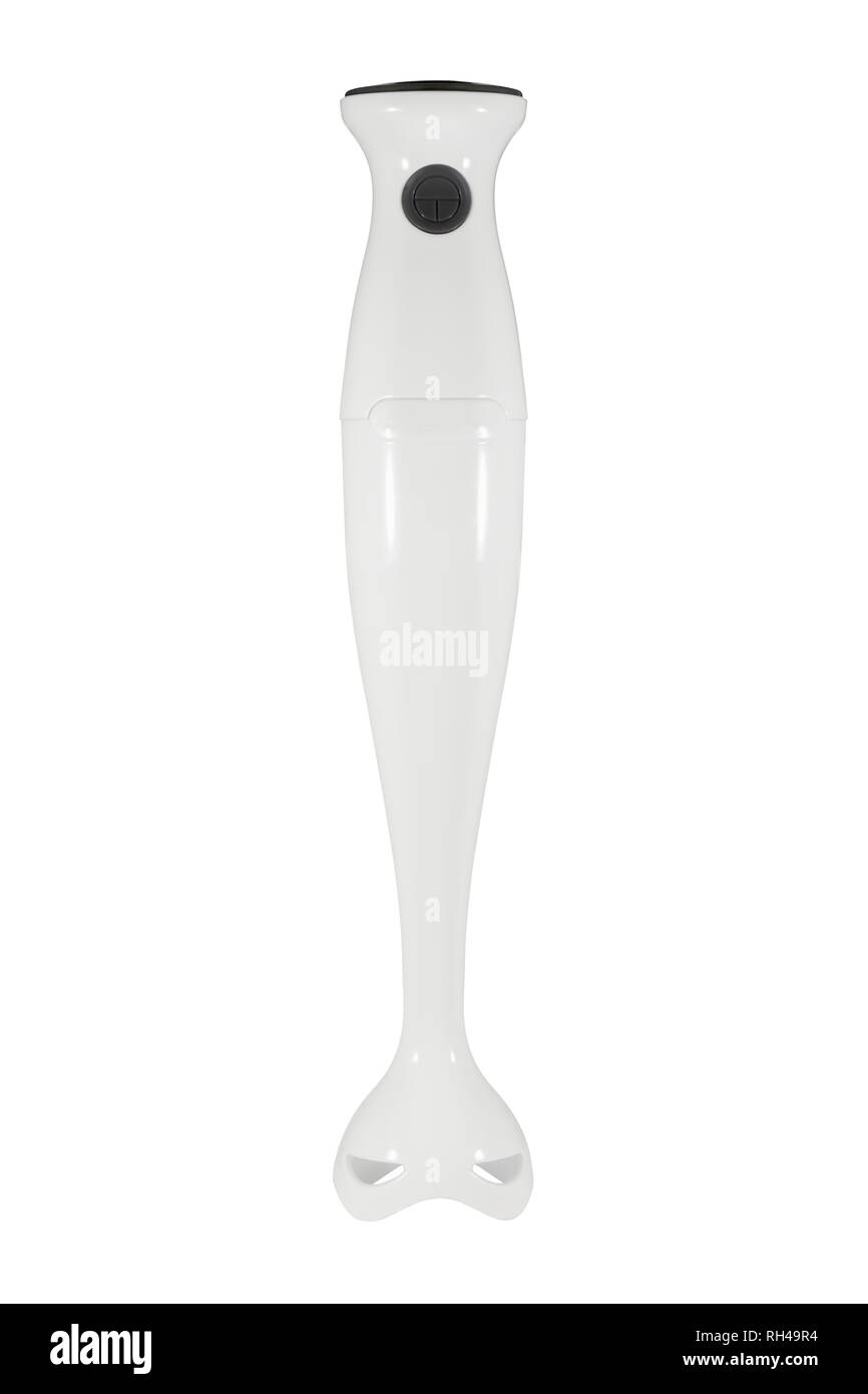 Una mano bianca detenute Stick Blender isolato su uno sfondo bianco Foto Stock