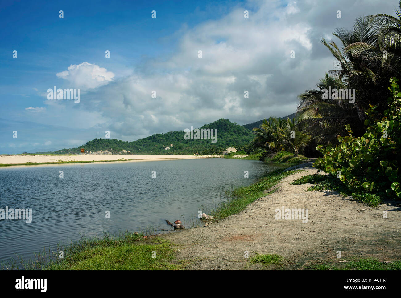 Laguna costiera e costa tropicale vegetazione a scenic Arrecifes Beach. Parco Nazionale Tayrona, Colombia. Sep 2018 Foto Stock