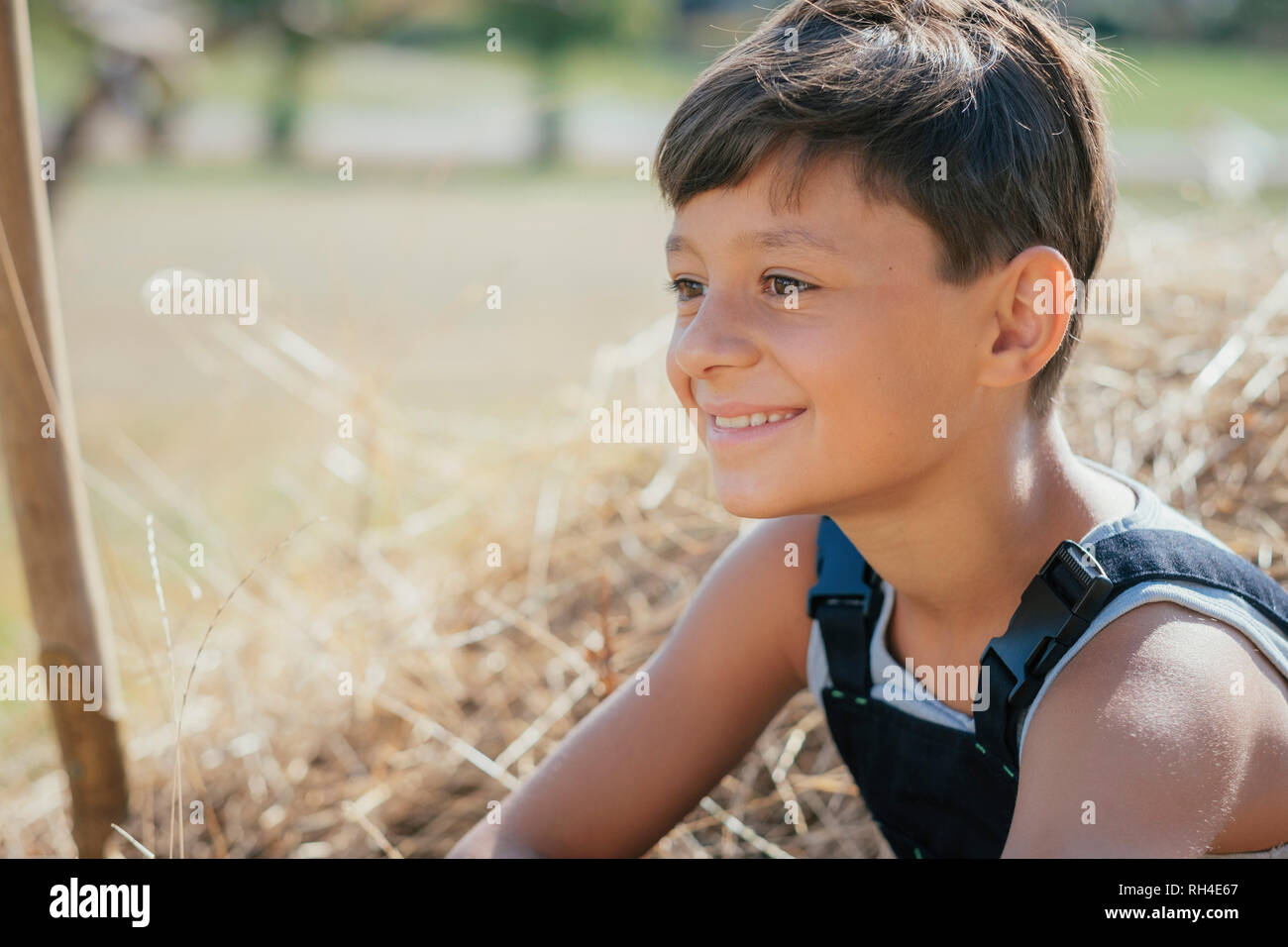 Sorridente ragazzo seduto nel fieno Foto Stock