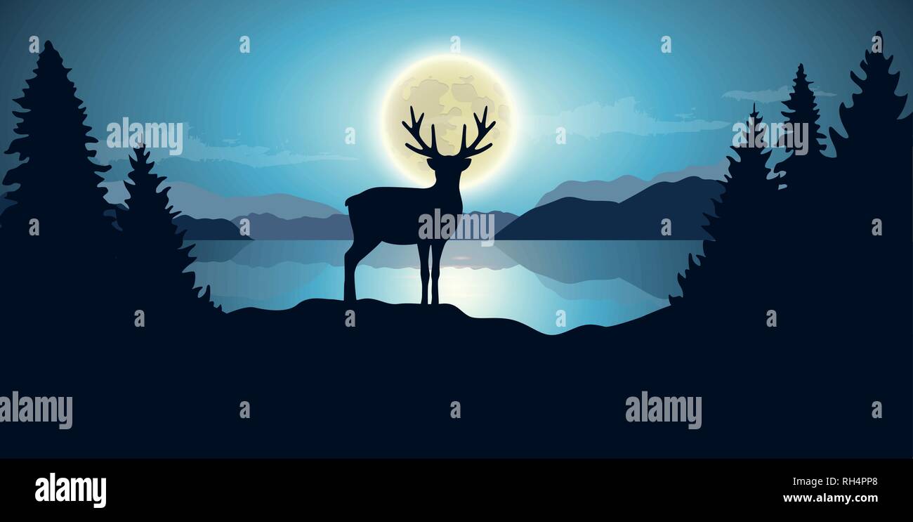 La renna dal lago luna brillano per la notte blu wildlife natura paesaggio illustrazione vettoriale EPS10 Illustrazione Vettoriale