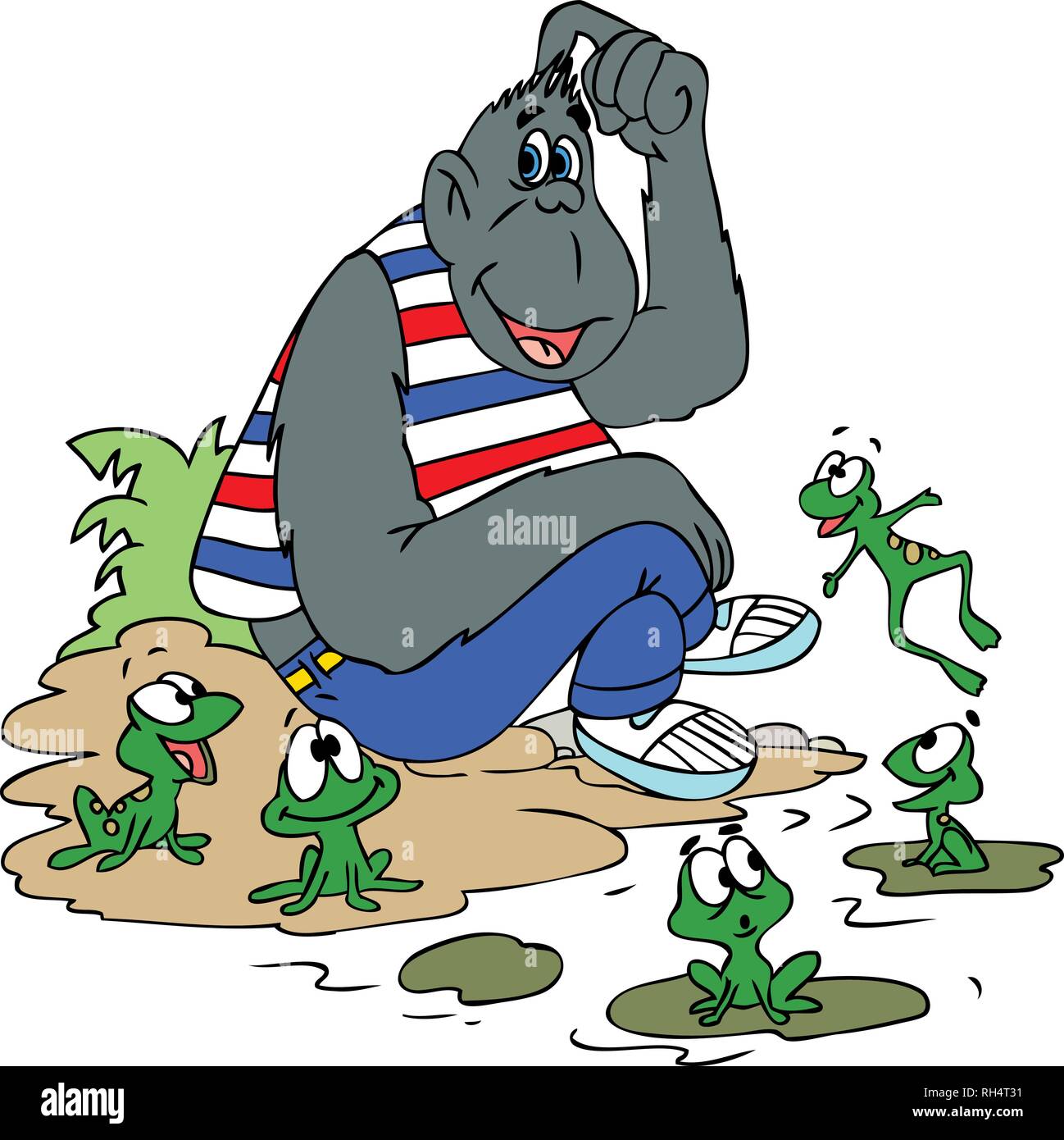Illustrazione vettoriale di un cartoon gorilla seduto con i suoi amici di rana Illustrazione Vettoriale