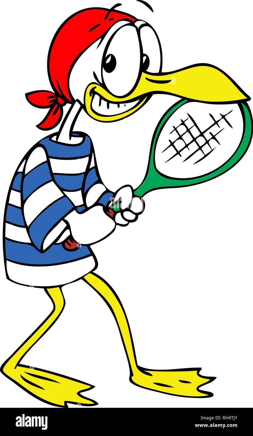 Cartoon seagull giocando a tennis illustrazione vettoriale Illustrazione Vettoriale
