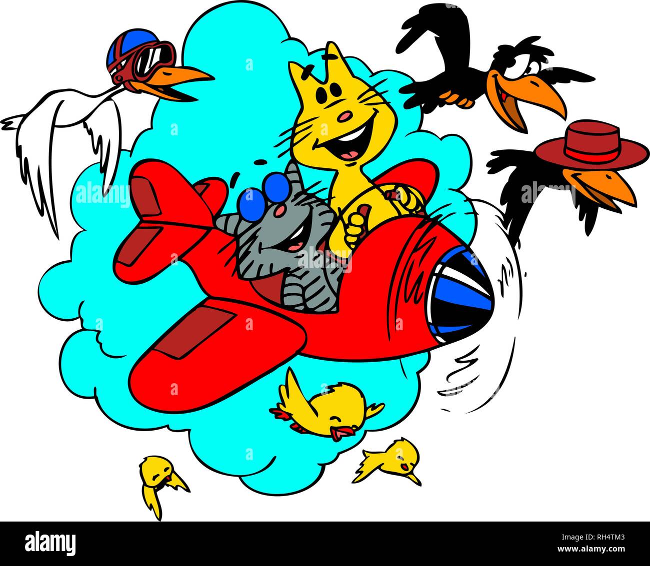 Due gatti che viaggiano con un piccolo aereo insieme con i corvi, uccelli e una cicogna. illustrazione vettoriale Illustrazione Vettoriale