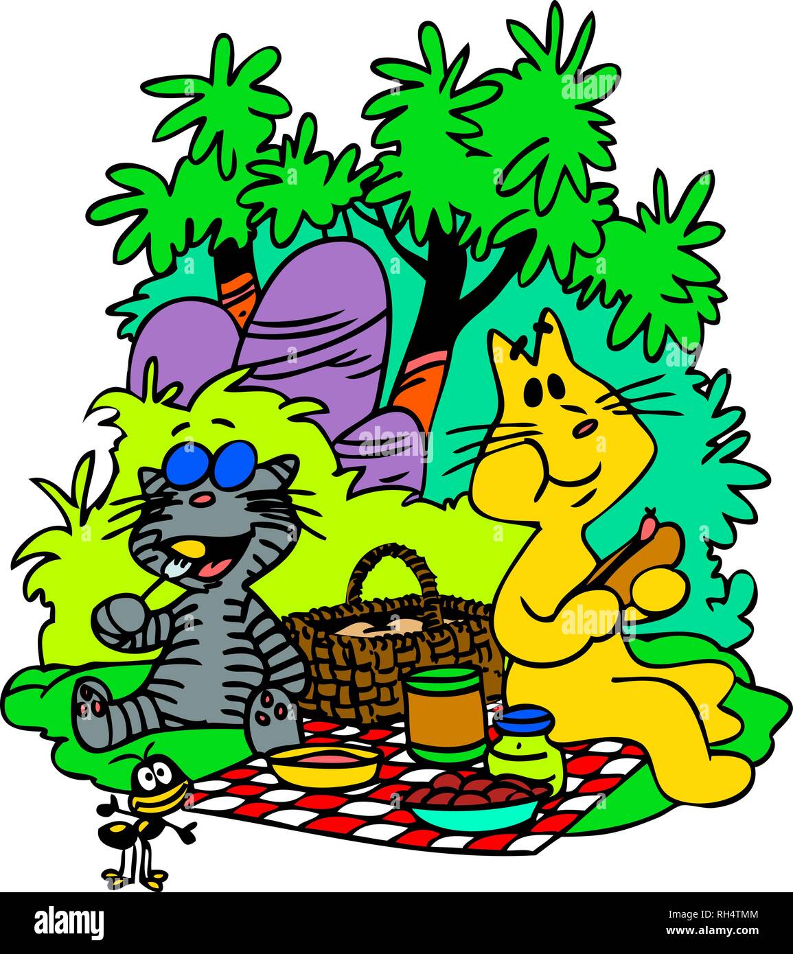 Illustrazione Vettoriale di due gatti cartoon avente un picnic nel parco Illustrazione Vettoriale