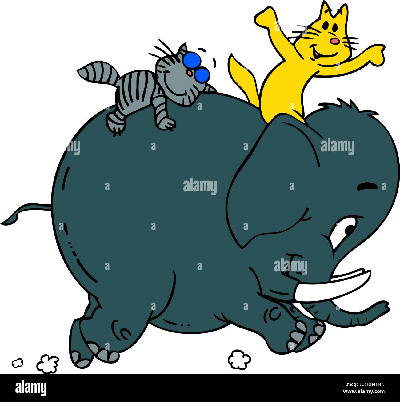 Illustrazione Vettoriale di due cartoon gatti che viaggiano su un baby elephant Illustrazione Vettoriale