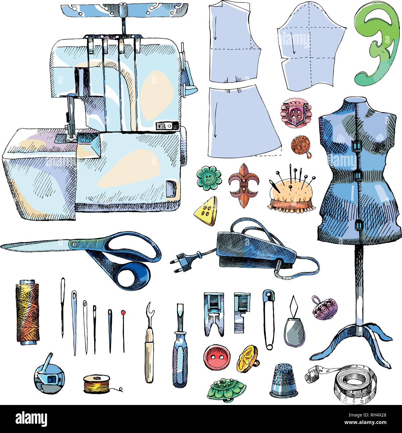 Sartoria disegnati a mano Set di apparecchiature con overlock Illustrazione Vettoriale