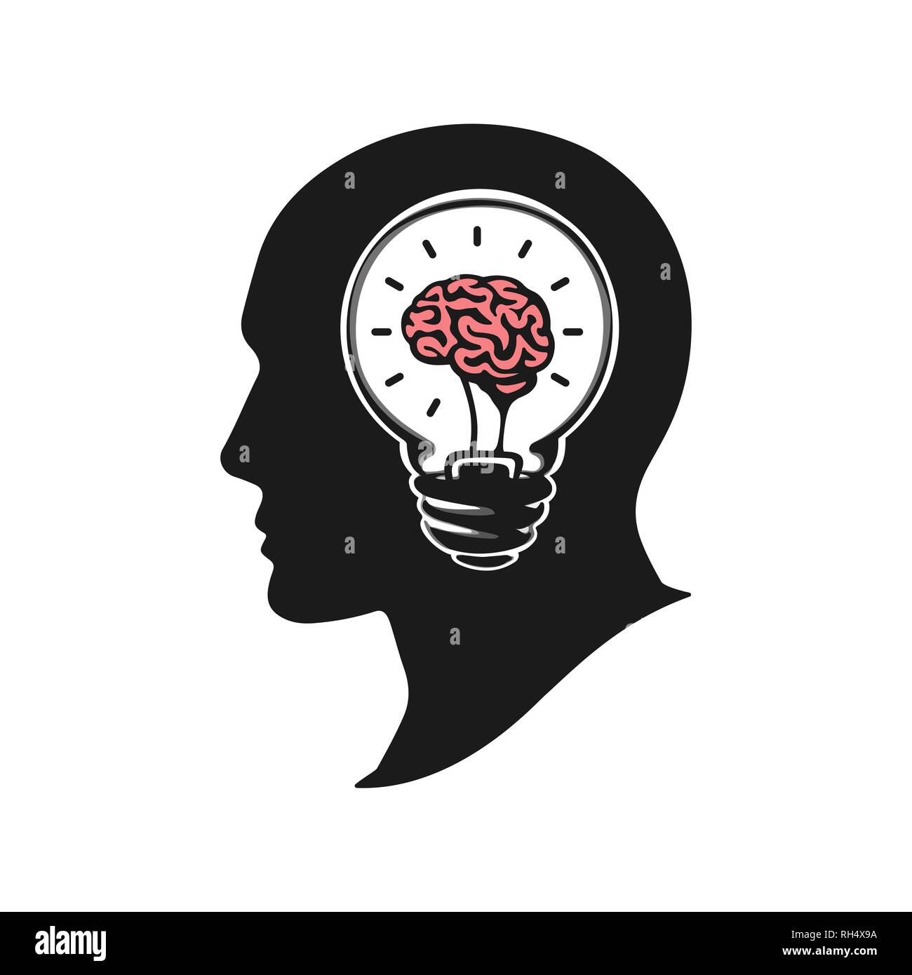 Testa umana creando una nuova idea illustrazione vettoriale. Testa umana con il cervello. Silhouette testa umana con lampadina. Grande idea icona logo design Illustrazione Vettoriale