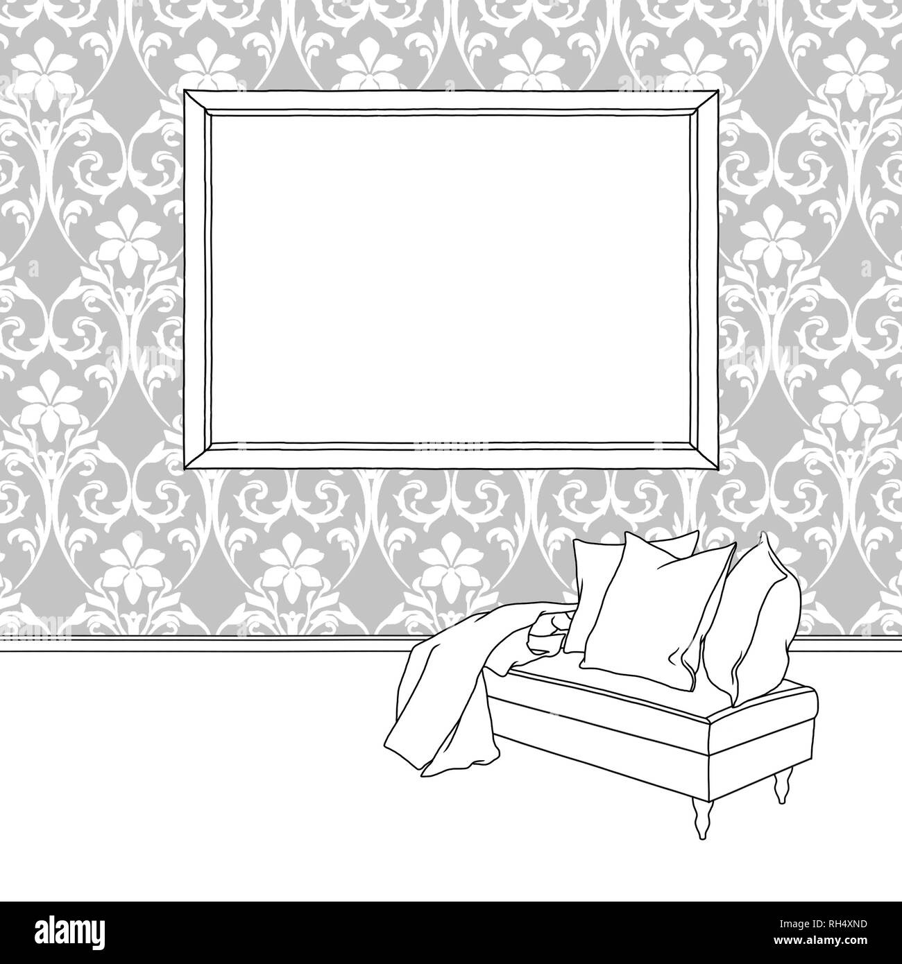 La penna nera illustrazione disegno del divano e cuscini con vuoto cornice immagine su carta da parati in stile barocco Foto Stock