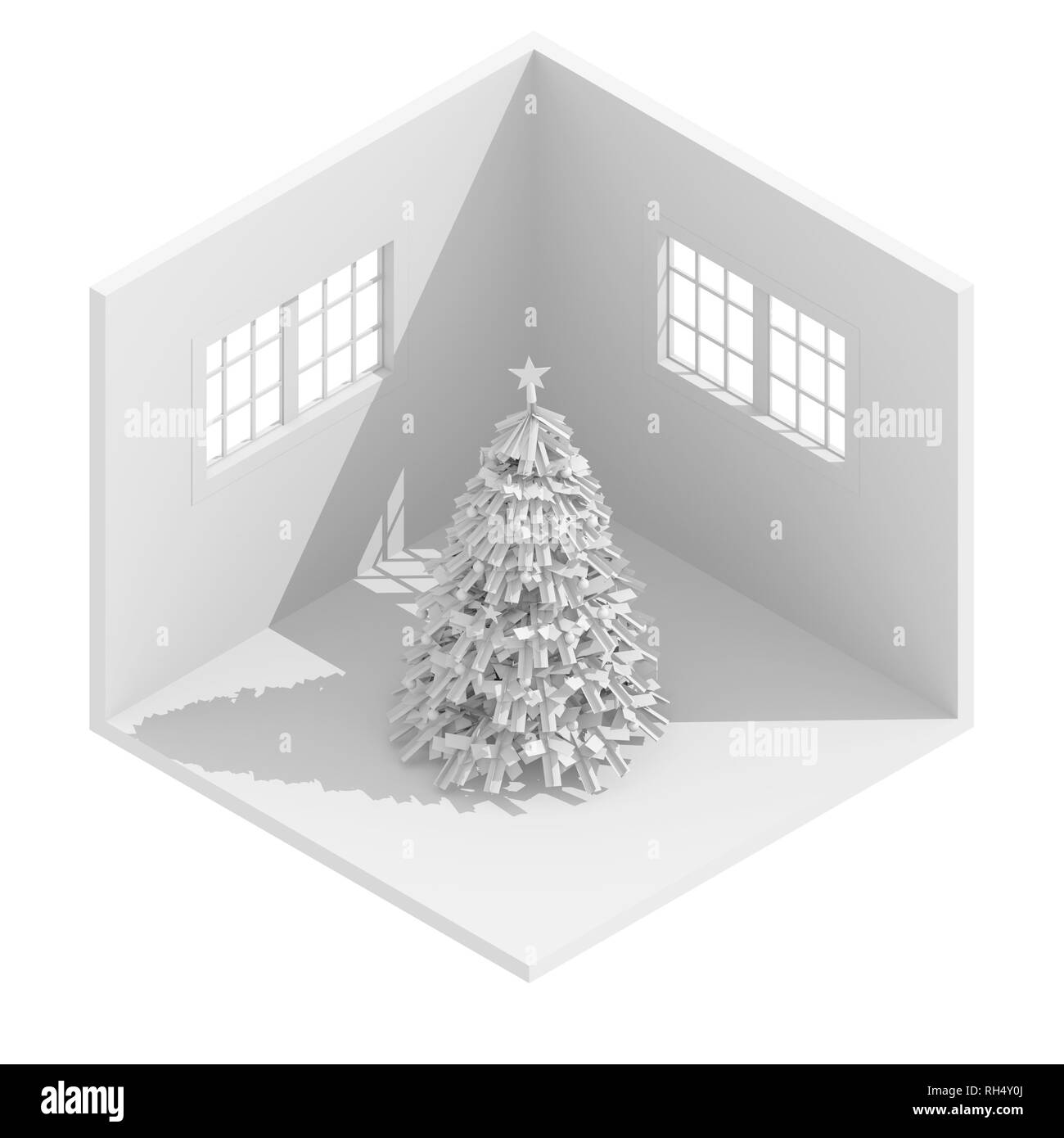 3D rendering isometrica illustrazione di White Christmas tree in stanza vuota Foto Stock