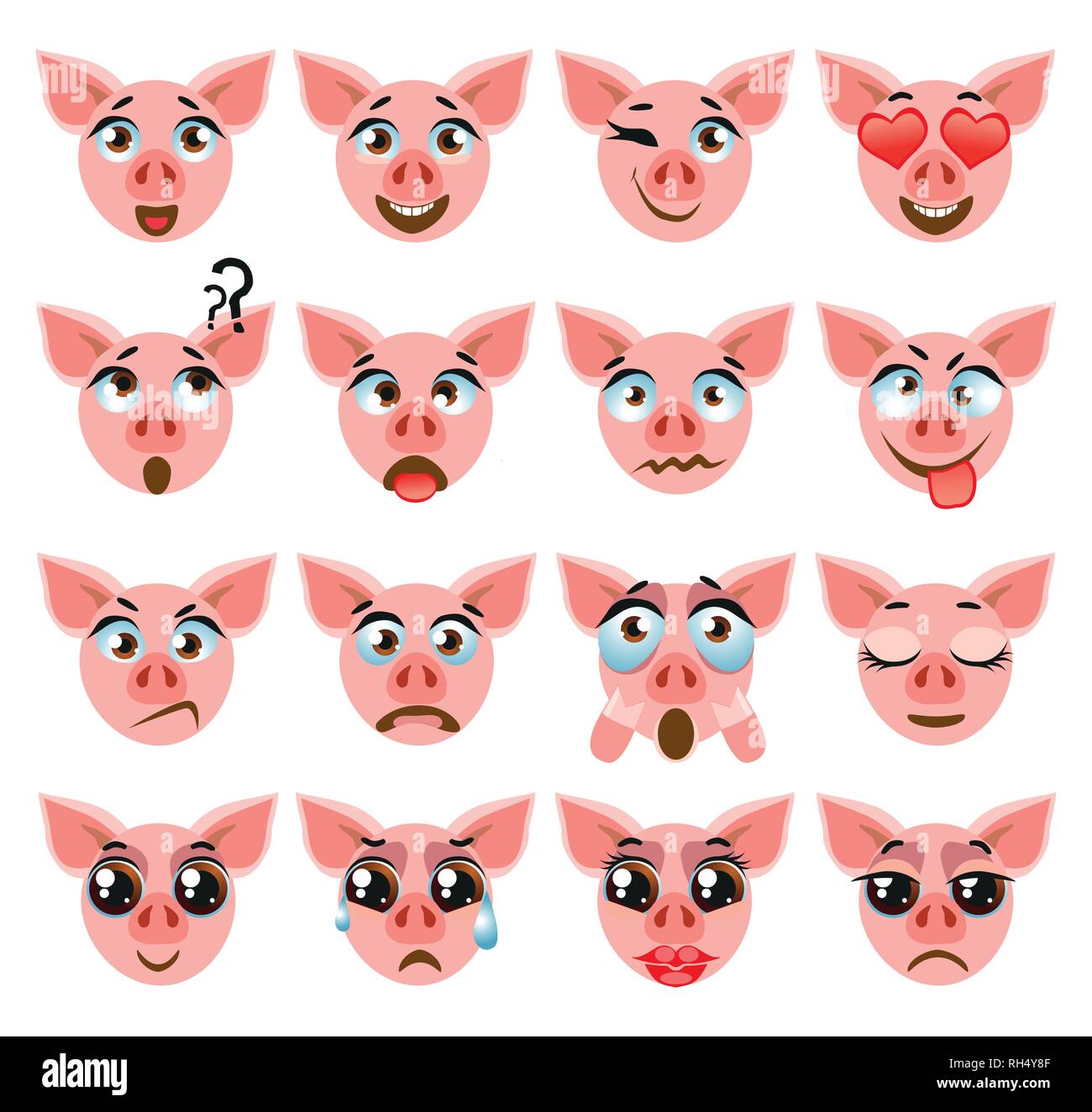 Set di adesivi di vettore, emojis con suini carini Illustrazione Vettoriale