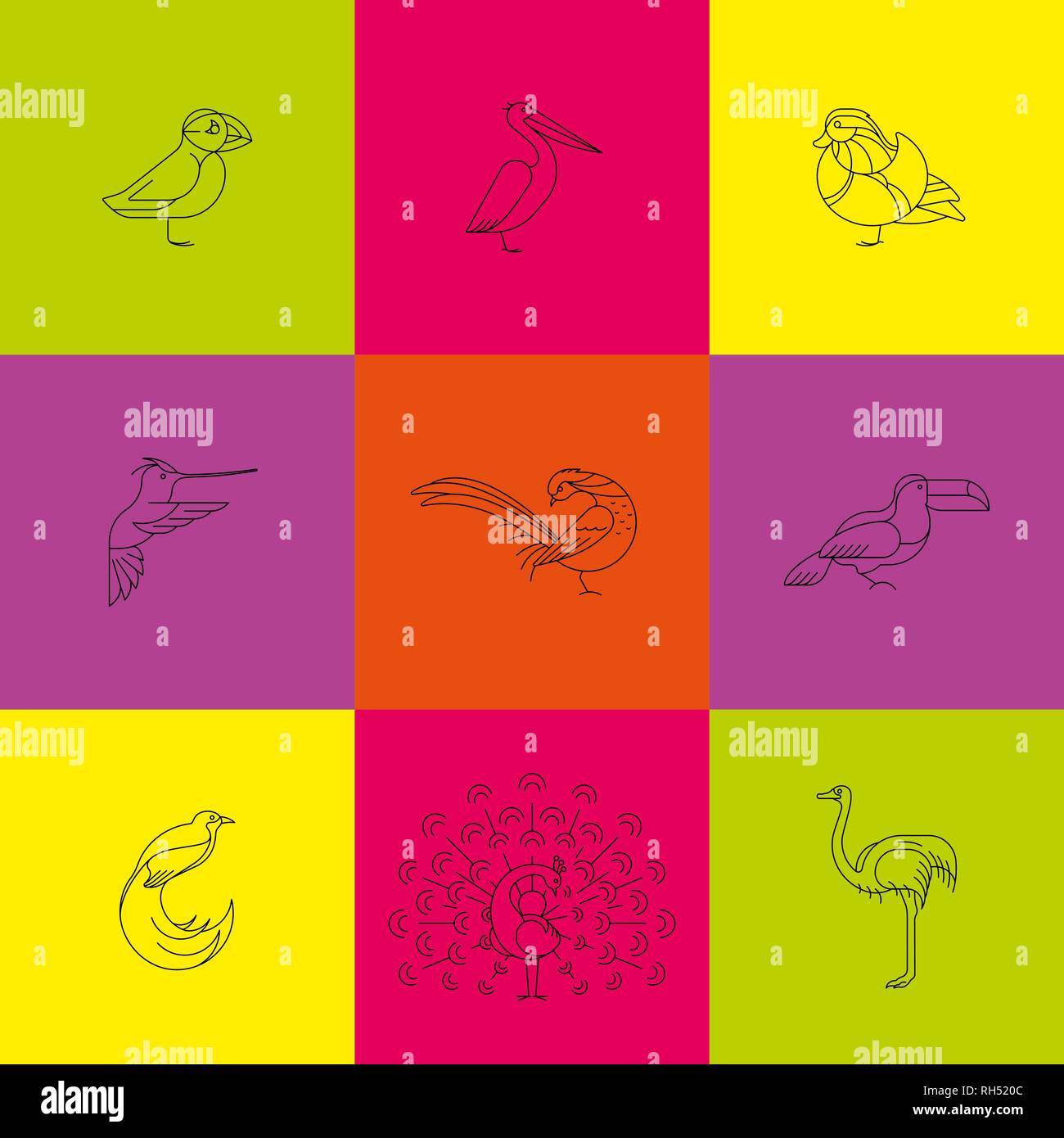 Gli uccelli sono diverse specie. Icona linea set. Può essere utilizzato per il logo, stampa, sito web Illustrazione Vettoriale