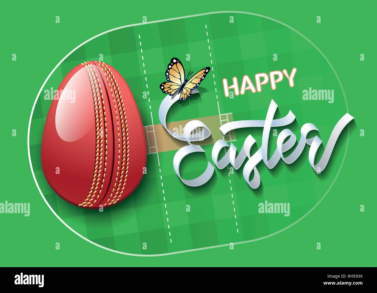 Felice Pasqua. Uovo di Pasqua nella forma di una sfera di cricket su un campo di cricket dello sfondo. Illustrazione Vettoriale. Illustrazione Vettoriale