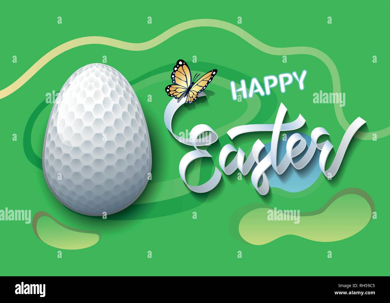 Felice Pasqua. Uovo di Pasqua nella forma di una pallina da golf su un campo da golf a sfondo. Illustrazione Vettoriale. Illustrazione Vettoriale