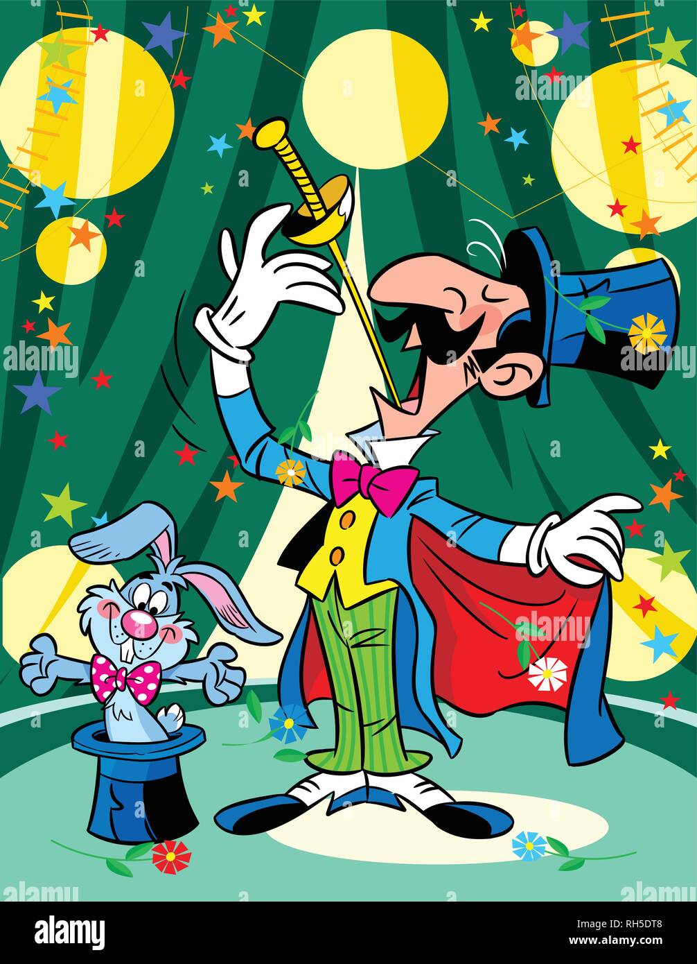 La figura mostra la spada swallower illusionista e coniglio dal cappello sul circus arena. Illustrazione fatto su livelli separati Illustrazione Vettoriale