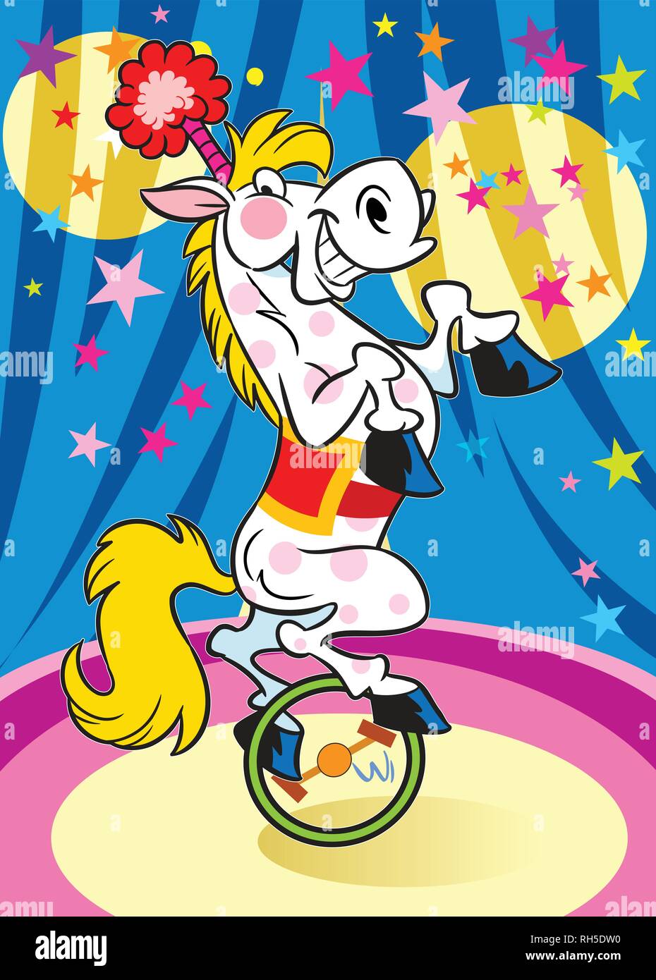 Un cavallo addestrato mostra nel circus.ella divertente correre sulla ruota. Illustrazione Vettoriale