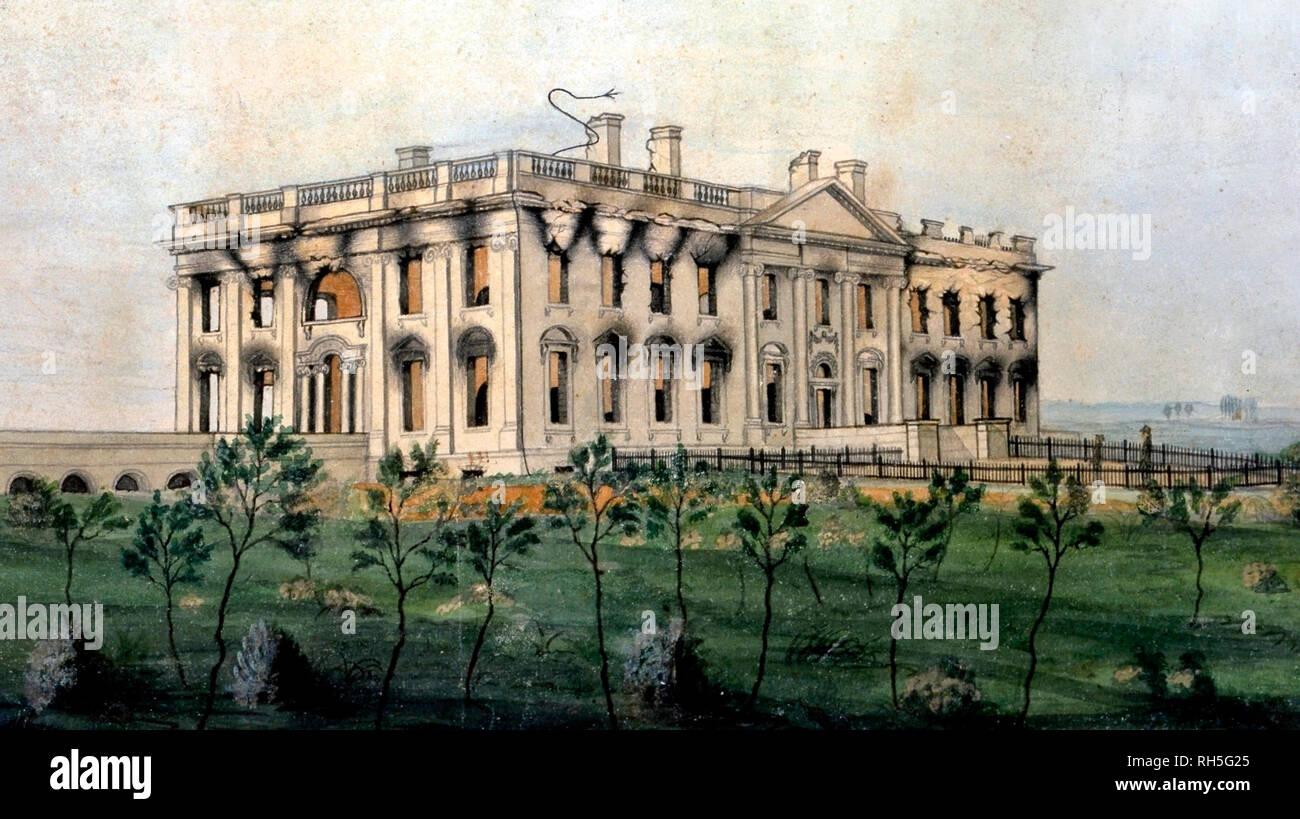 Il Presidente del Parlamento - il bruciato un involucro di una volta elegante e imponente casa sta solo nel paesaggio. Essa è la Casa Bianca come sembrava dopo la conflagrazione del 24 agosto 1814, il punto più basso della guerra del 1812. Il fuoco è stato il lavoro delle truppe britanniche, il primo e unico, esercito straniero per invadere la capitale degli Stati Uniti Foto Stock