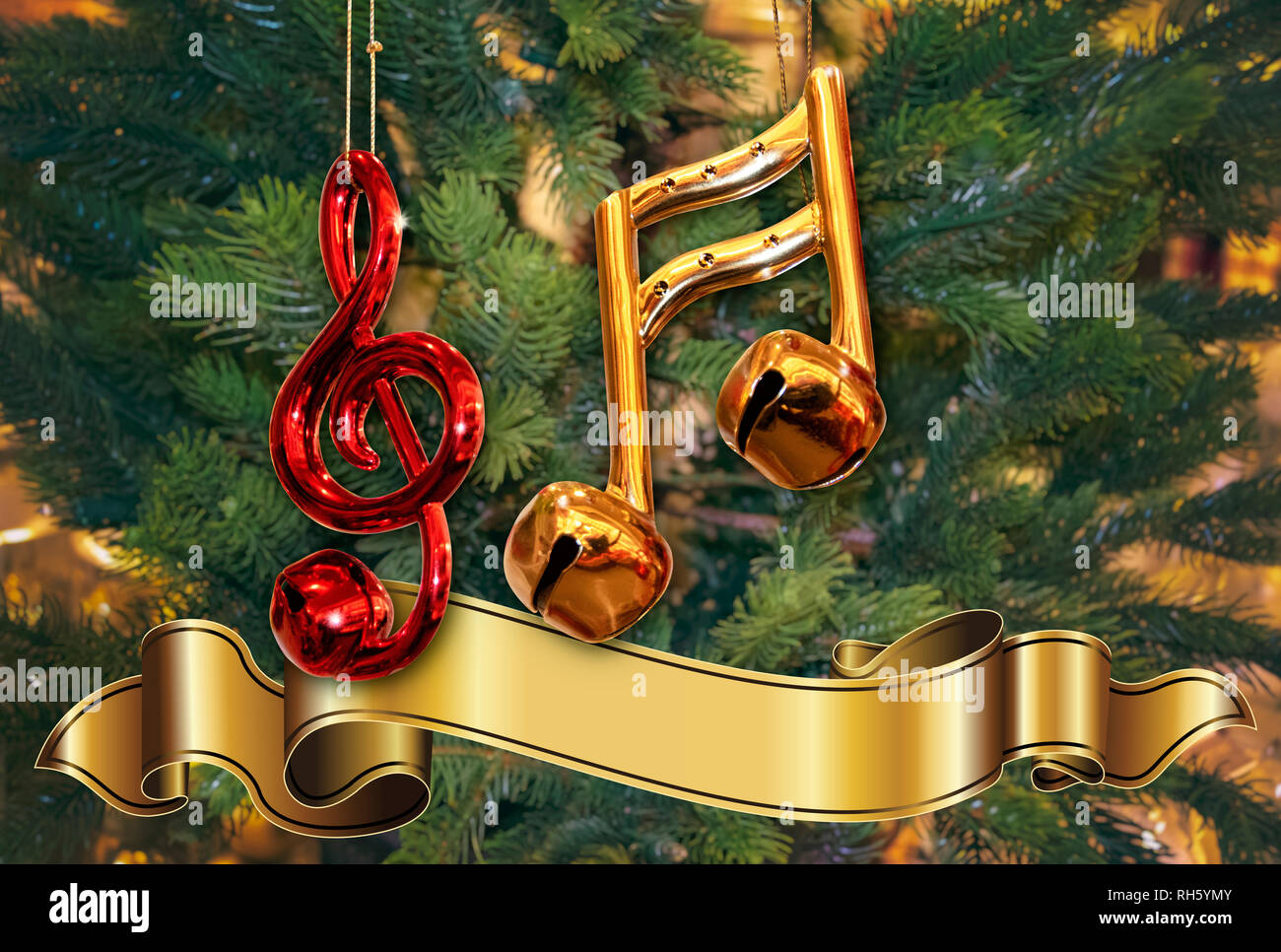 Albero Di Natale Rosso Oro E Verde.Rosso Lucido Con La Chiave Di Violino E Di Ornamento In Oro Note Musicali Con Campane Sul Verde Albero Di Natale Con Banner Per Il Testo Foto Stock Alamy