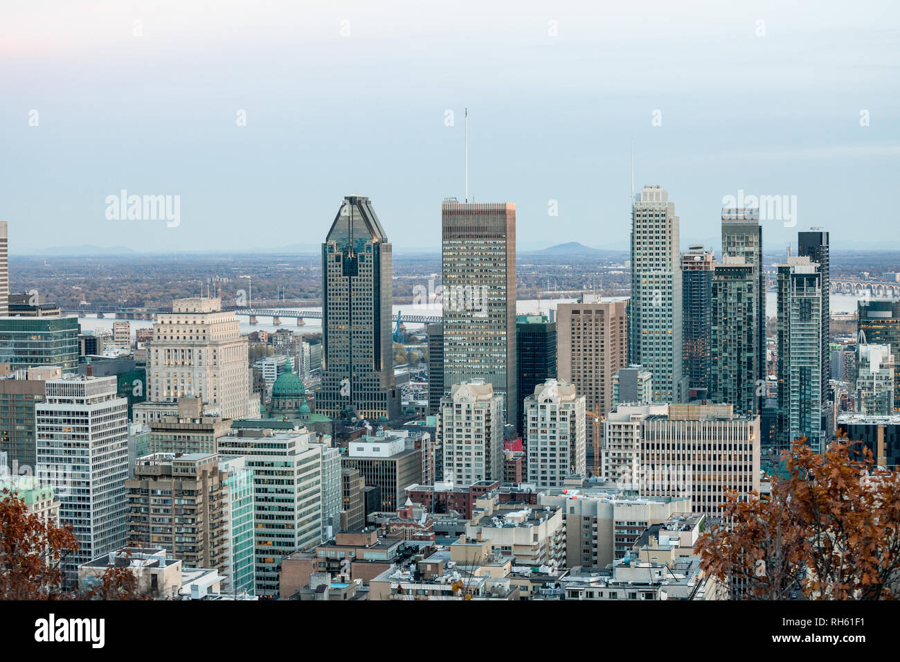Lo skyline di Montreal, con gli edifici iconici di Downtown e il CBD e grattacieli aziendali adottate dal Mont Royal Hill. Montreal è la città principale Foto Stock