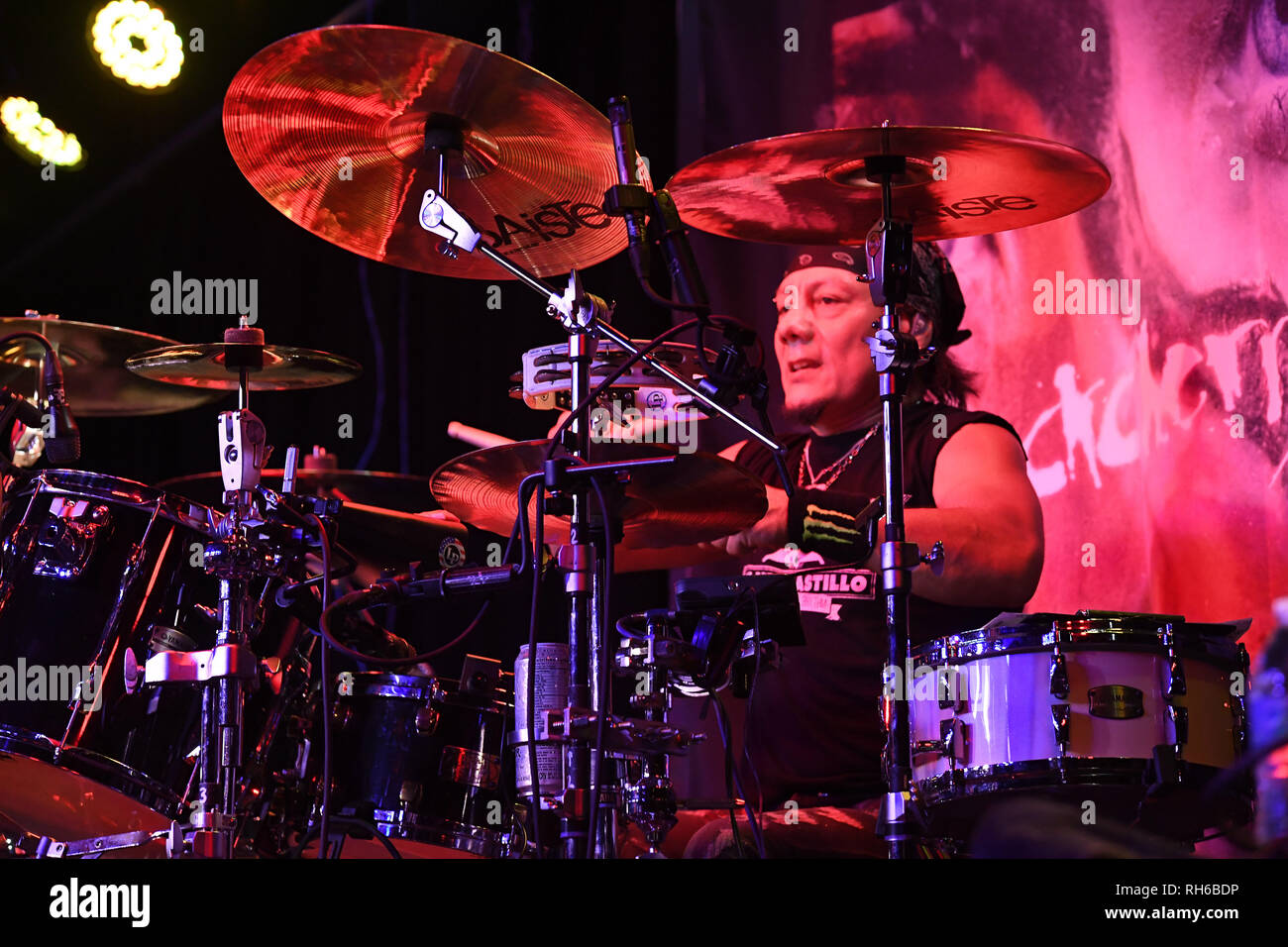 San Juan Capistrano, California, Stati Uniti d'America. 16 gennaio, 2019. Francesco Ruiz tamburi con Buckcherry esegue esegue per la gamba della guerra la vernice Tour presso il Coach House San Juan Capistrano, California Credit: Dave Safley/ZUMA filo/Alamy Live News Foto Stock