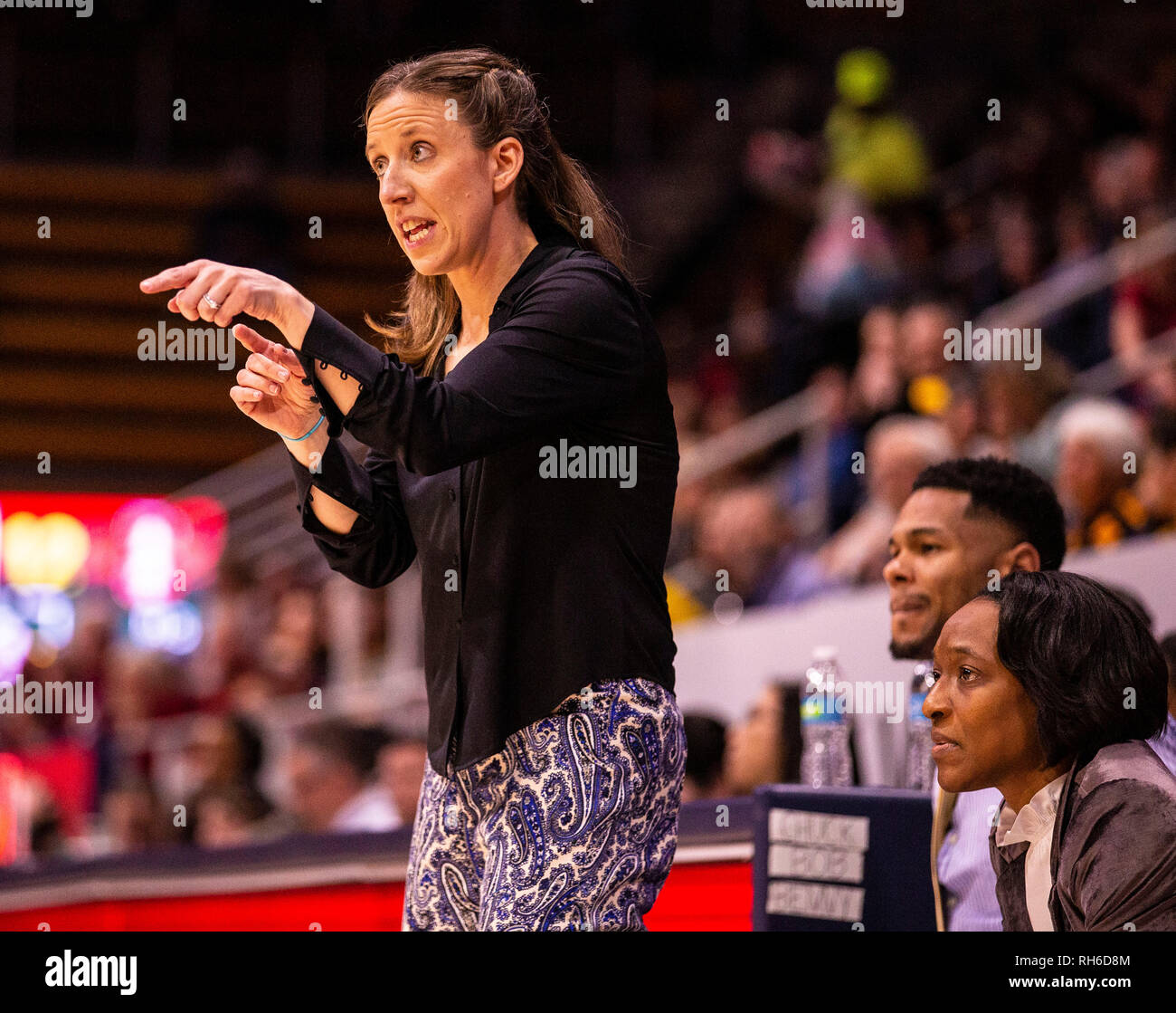 Berkeley, CA U.S. 31 gennaio, 2019. A. California porta head coach Lindsay Gottlieb durante il NCAA donna gioco di basket tra Stanford il cardinale e la California Golden Bears 81-80 vincere a Hass Pavilion Berkeley in California Thurman James/CSM/Alamy Live News Foto Stock