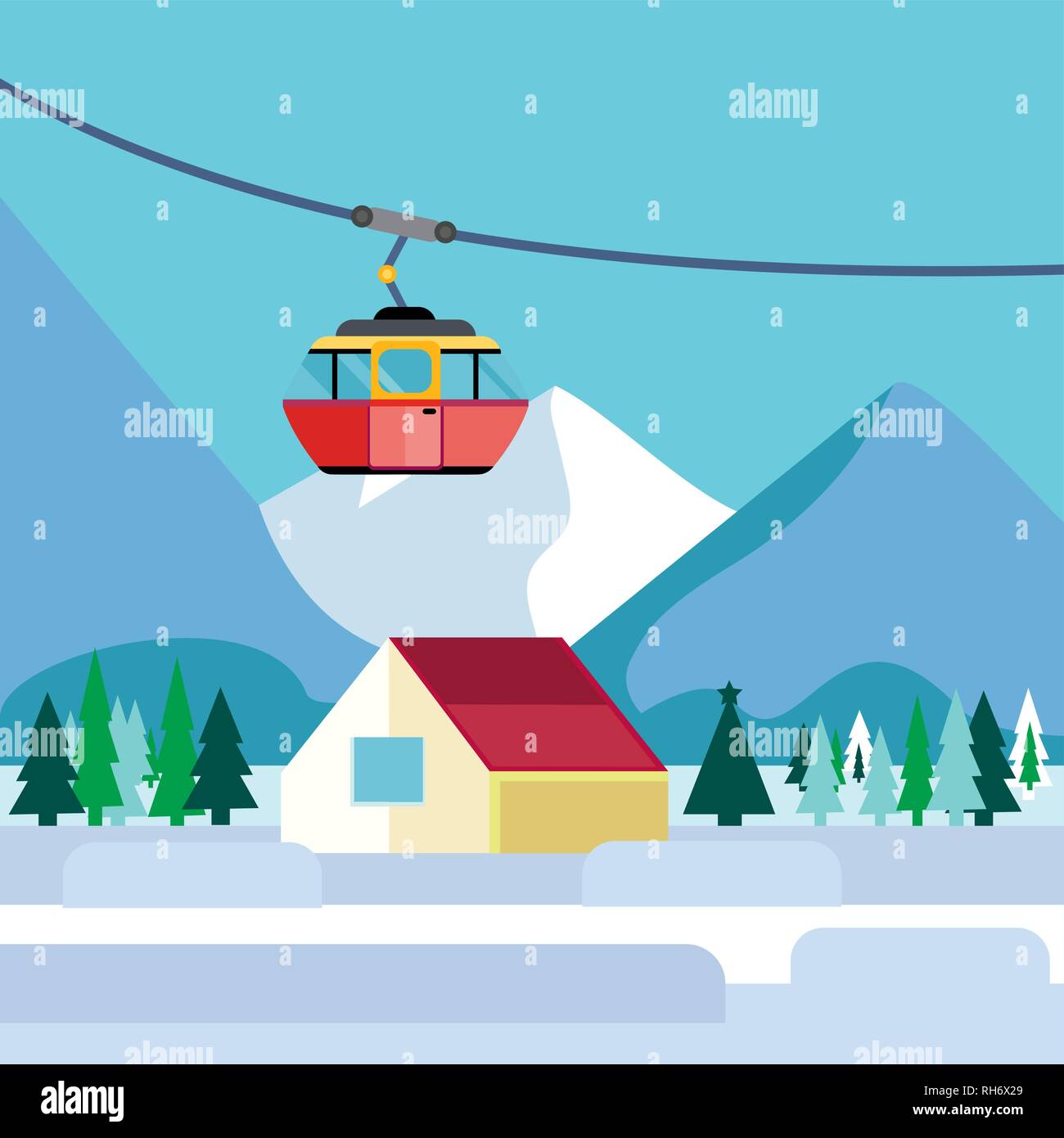 Raffreddare il vettore ski resort di montagna paesaggio dettagliata con lodge, abeti rossi e funicolare. Sport invernali destinazione di vacanza sfondo concept Illustrazione Vettoriale