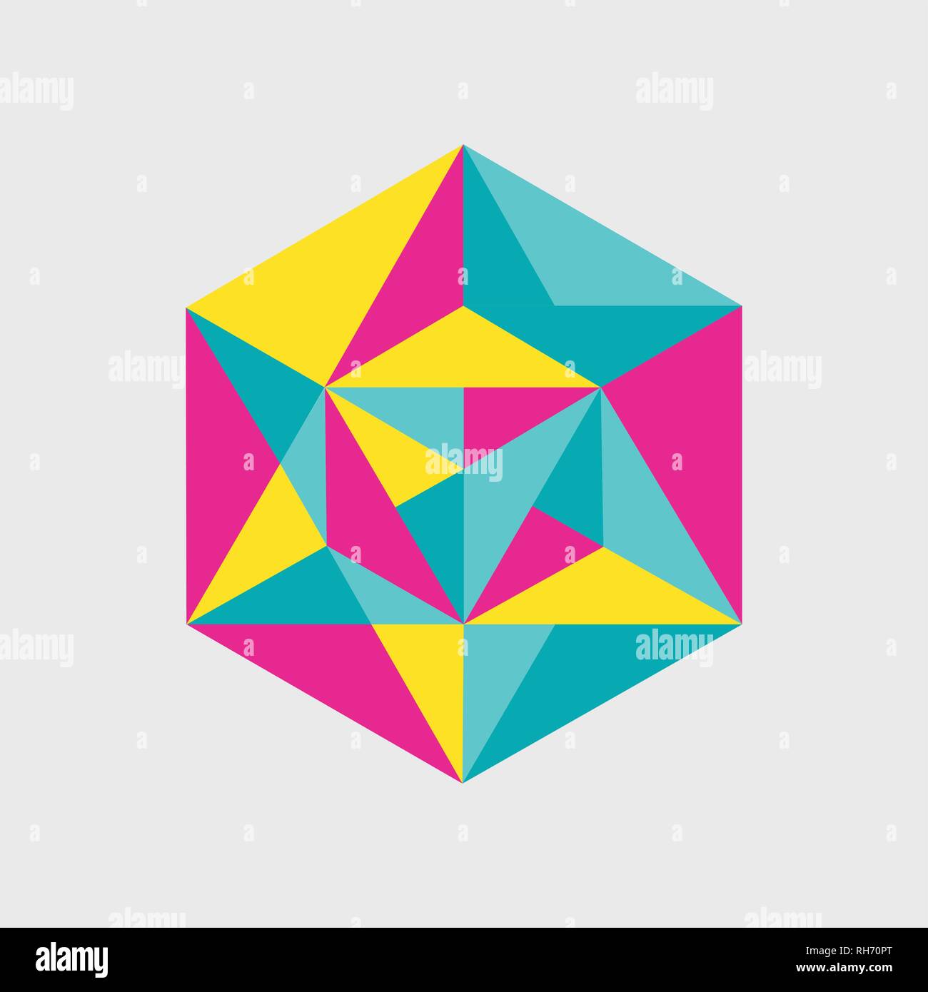 Geometrica astratta giallo verde rosa in forma di cubo da facce triangolari per il graphic design.illustrazione vettoriale Illustrazione Vettoriale